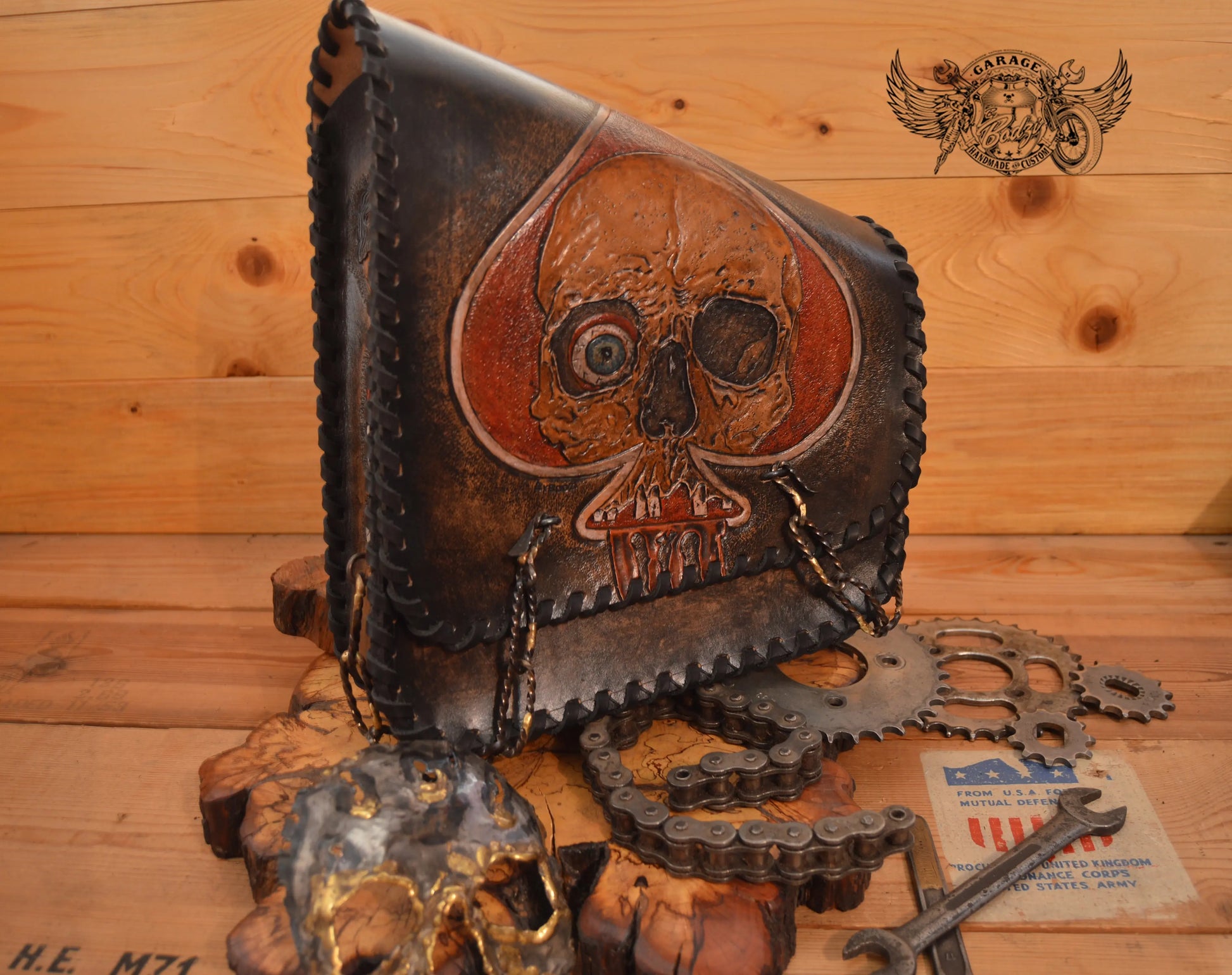 Ace Of Spades Carved Leather Swingarm Bag-ByBodzi-ByBodzi
