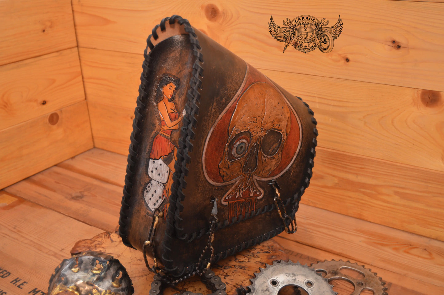Ace Of Spades Carved Leather Swingarm Bag-ByBodzi-ByBodzi