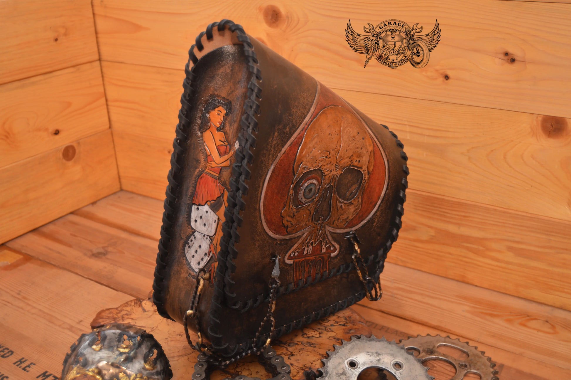 Ace Of Spades Carved Leather Swingarm Bag-ByBodzi-ByBodzi
