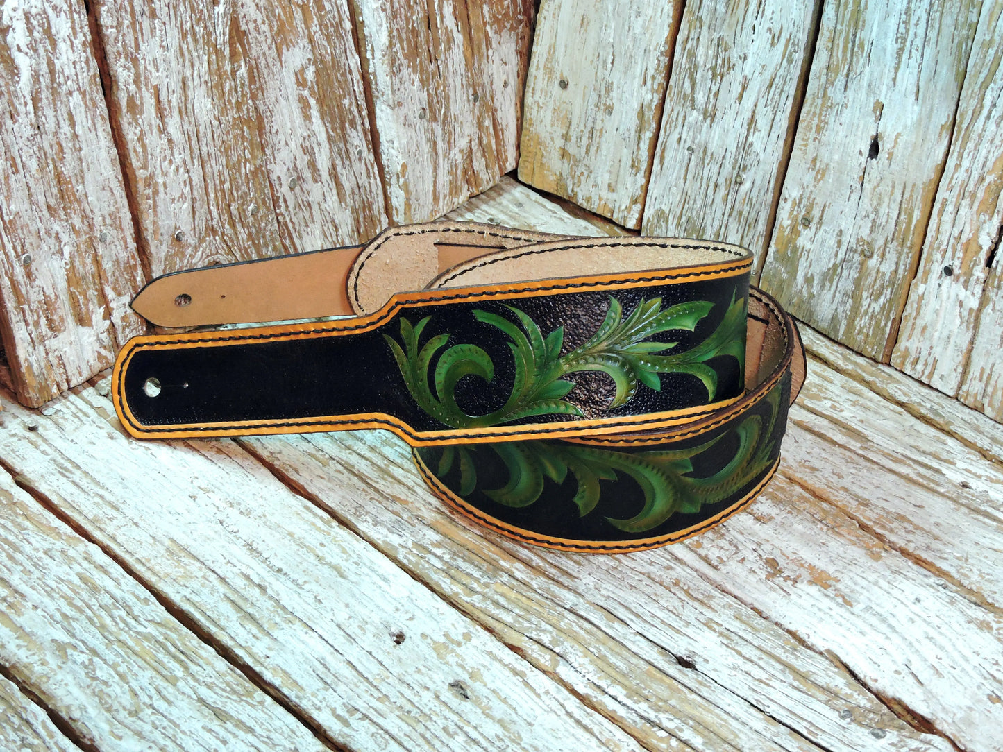 Black & Green Vinework Leather Guitar Strap-ByBodzi-ByBodzi
