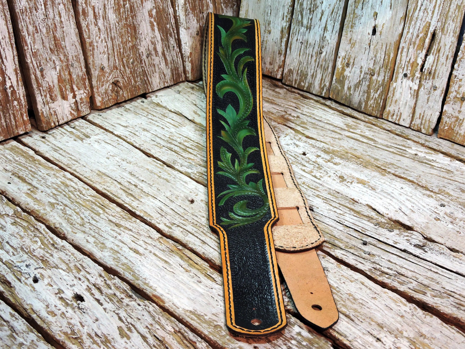 Black & Green Vinework Leather Guitar Strap-ByBodzi-ByBodzi