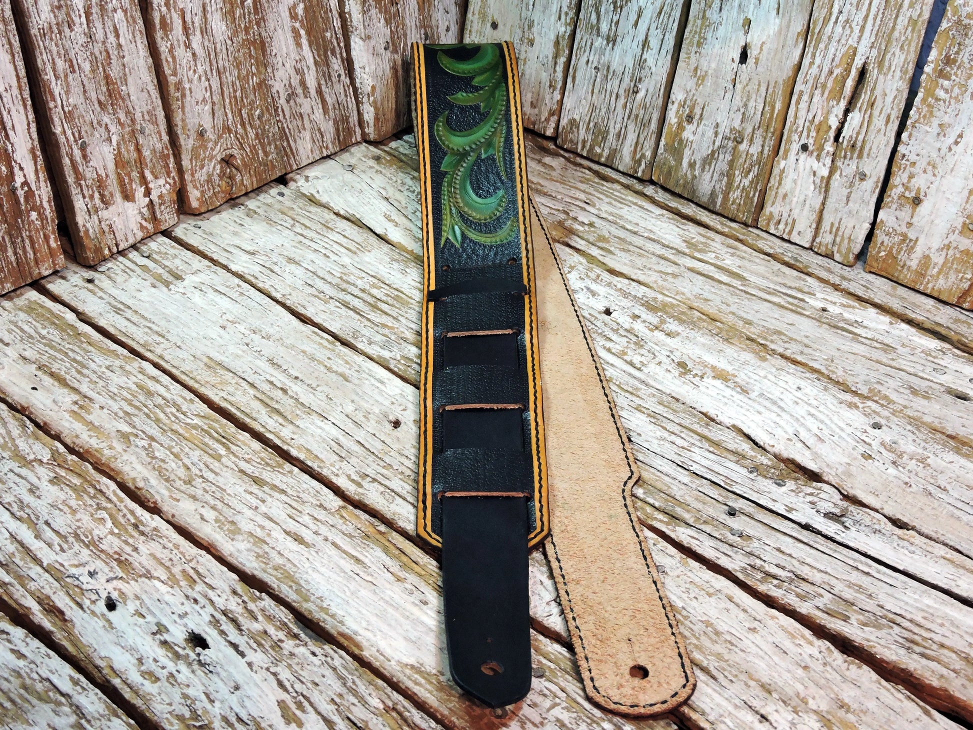 Black & Green Vinework Leather Guitar Strap-ByBodzi-ByBodzi