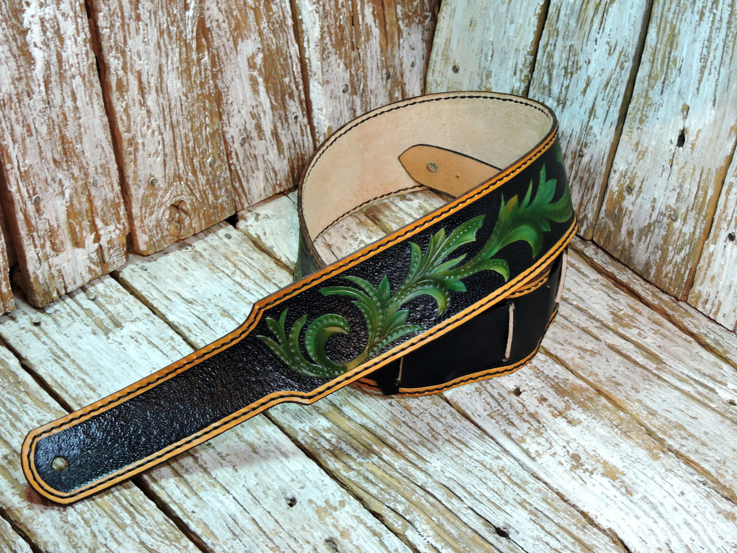 Black & Green Vinework Leather Guitar Strap-ByBodzi-ByBodzi