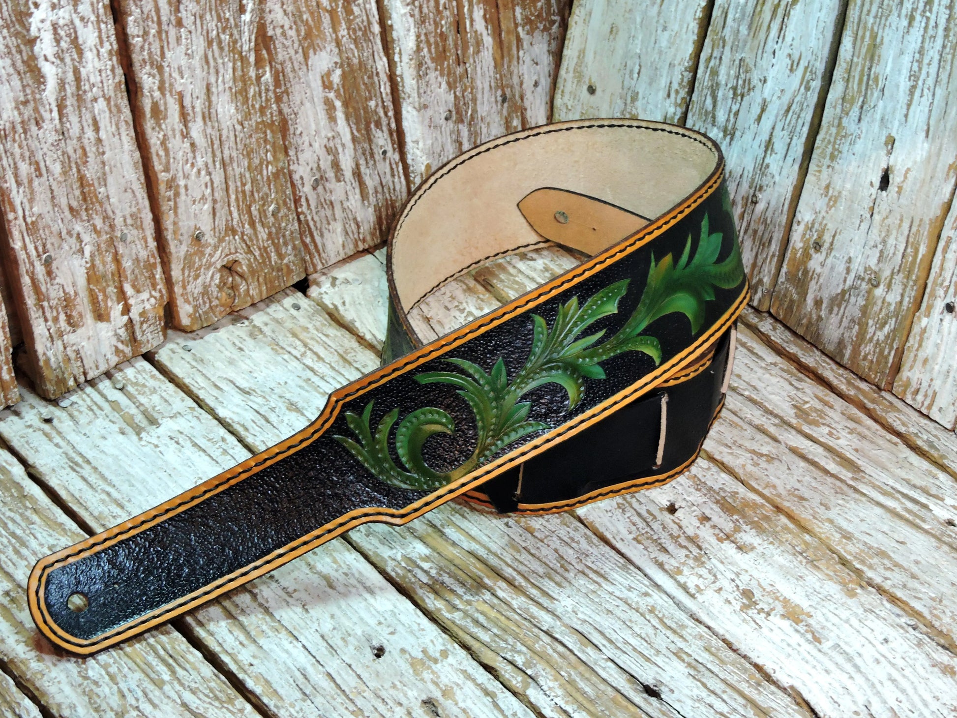 Black & Green Vinework Leather Guitar Strap-ByBodzi-ByBodzi