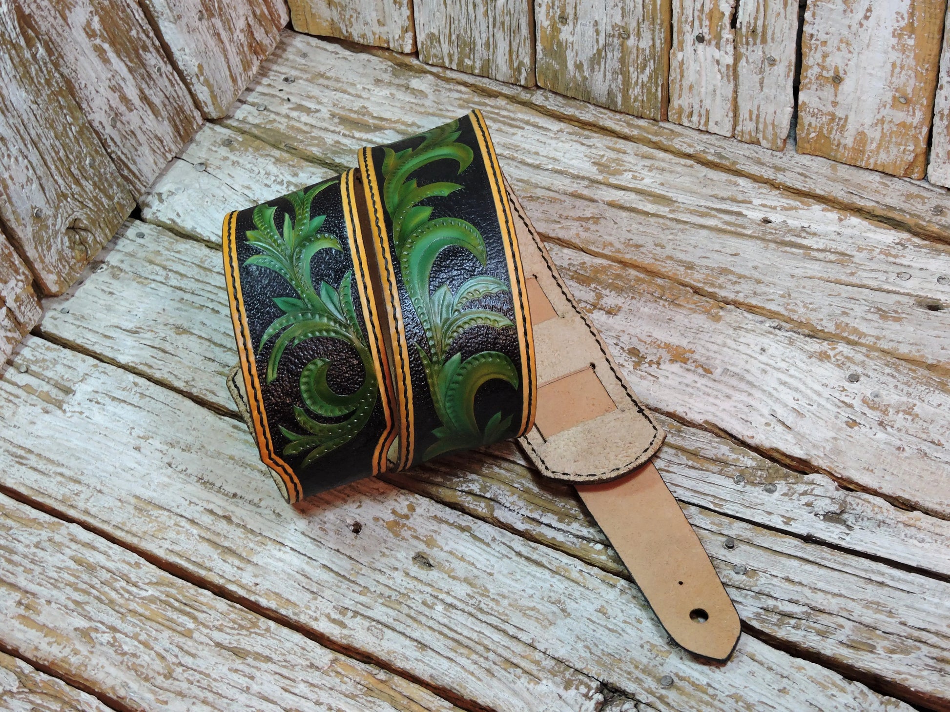 Black & Green Vinework Leather Guitar Strap-ByBodzi-ByBodzi
