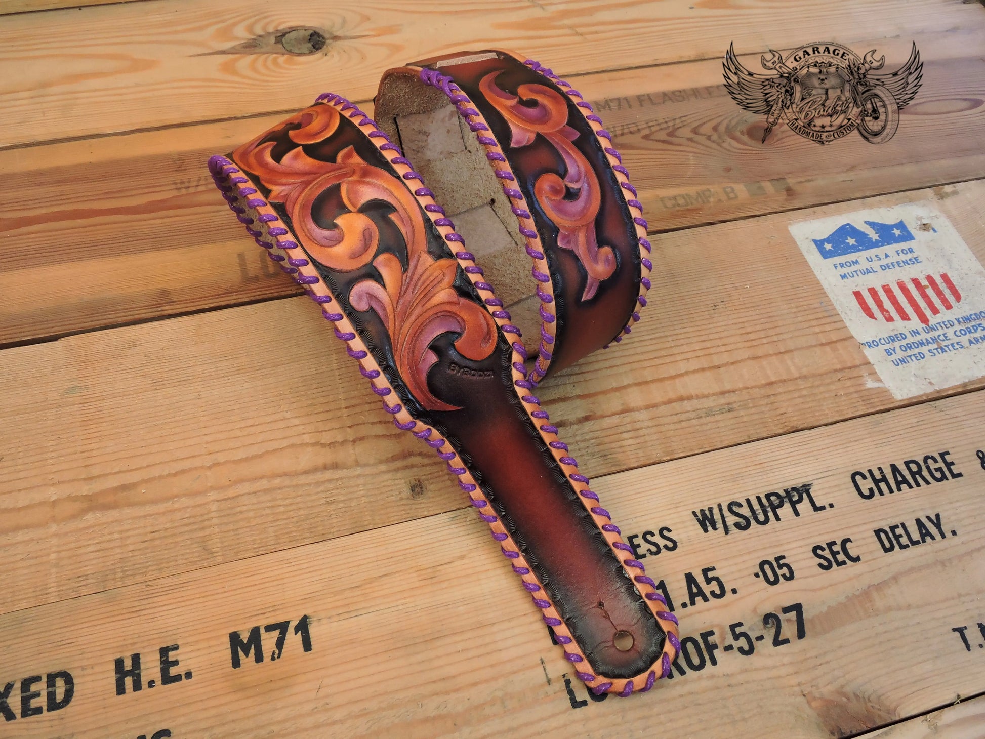 Black & Purple Vinework Leather Guitar Strap-ByBodzi-ByBodzi