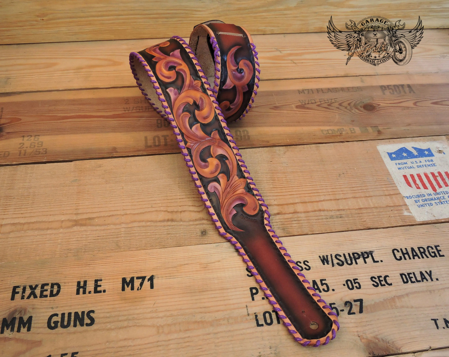 Black & Purple Vinework Leather Guitar Strap-ByBodzi-ByBodzi