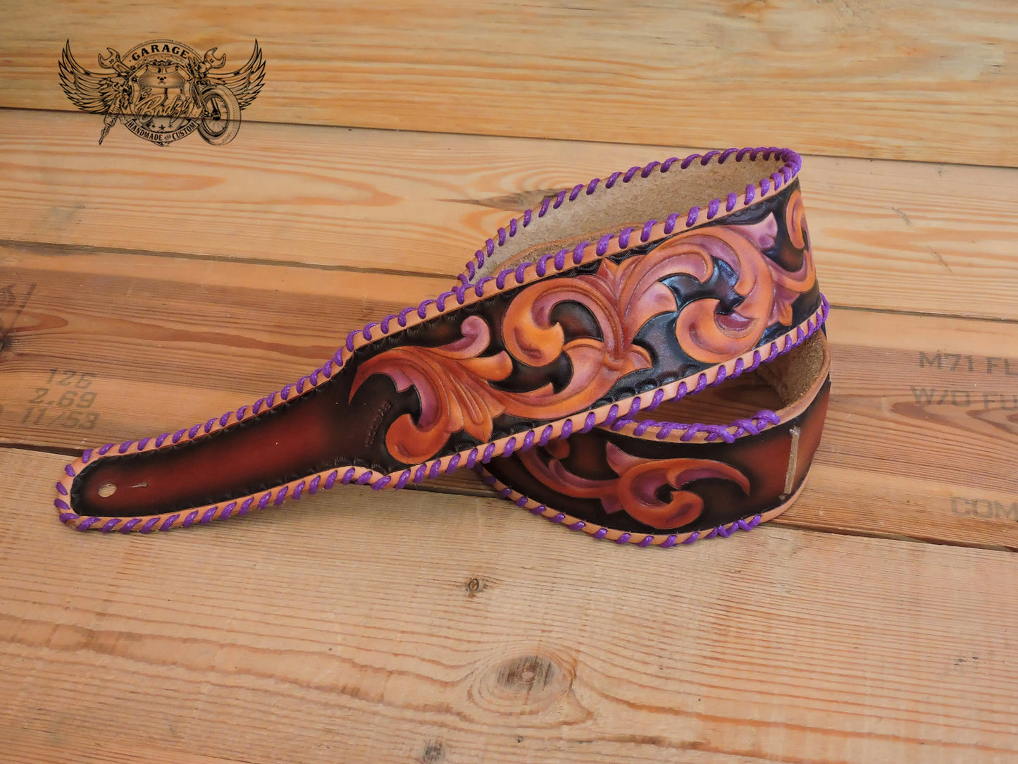 Black & Purple Vinework Leather Guitar Strap-ByBodzi-ByBodzi