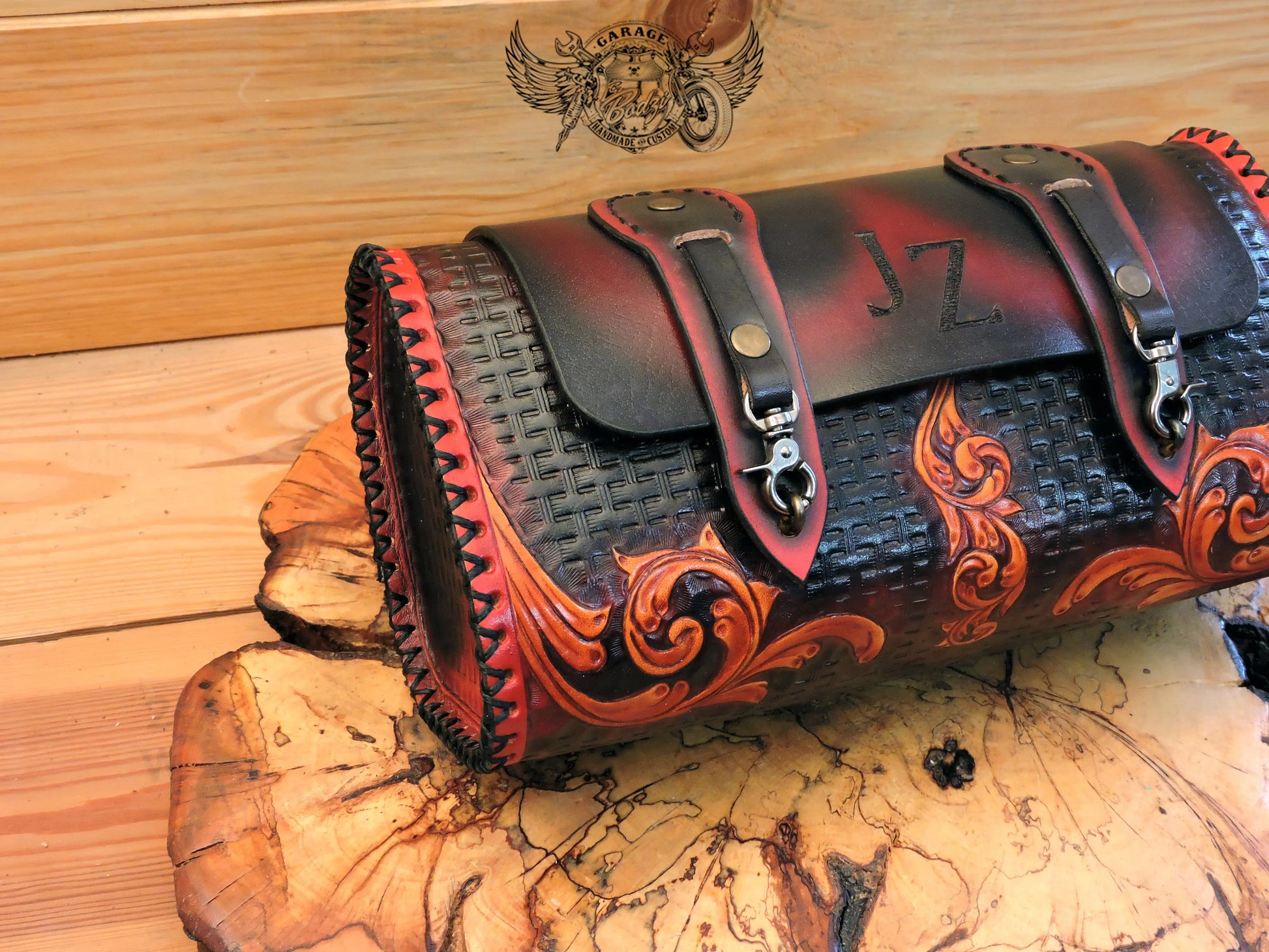 Black & Red Basketweave Leather Motorcycle Tool Bag-ByBodzi-ByBodzi