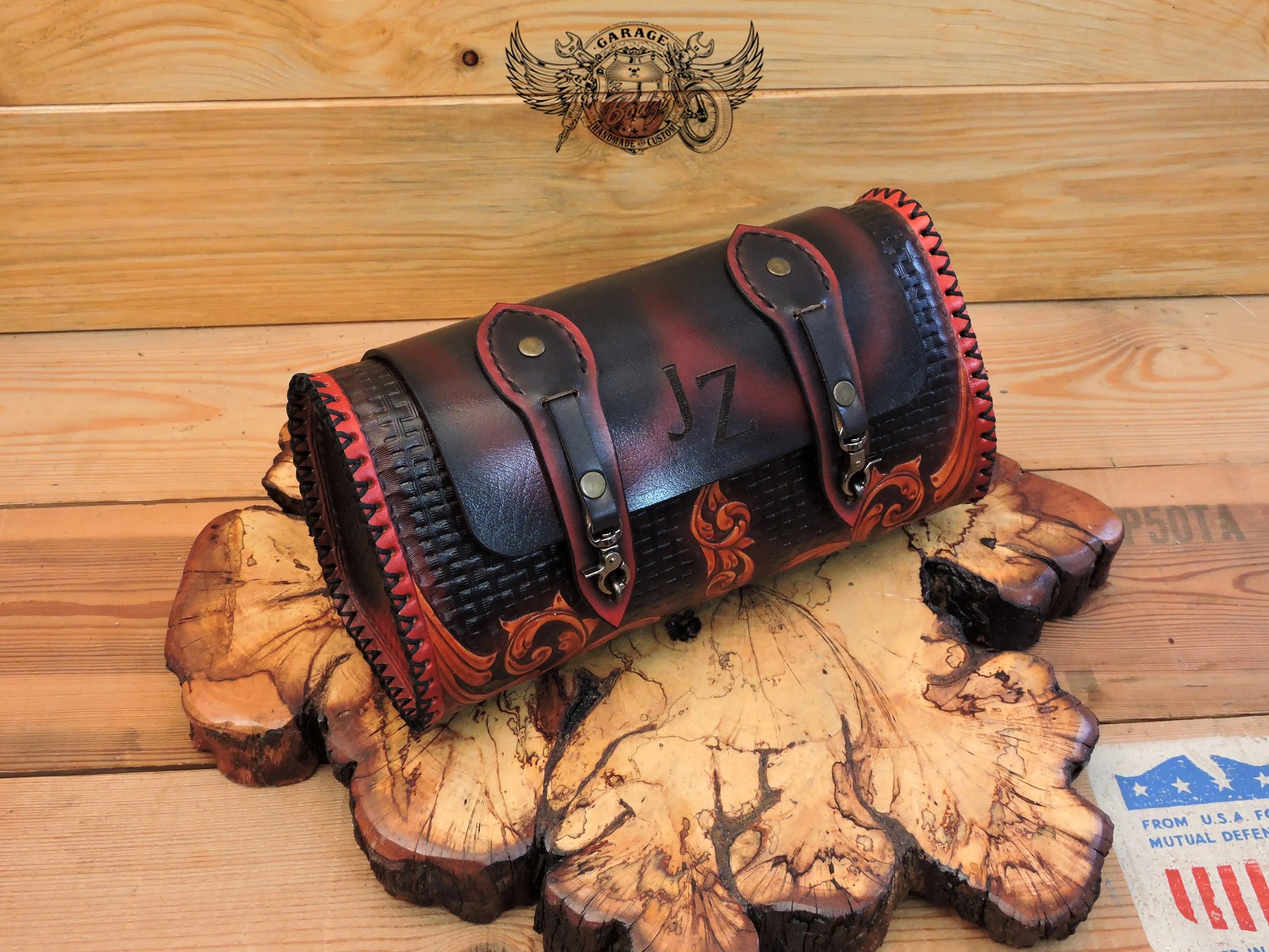 Black & Red Basketweave Leather Motorcycle Tool Bag-ByBodzi-ByBodzi