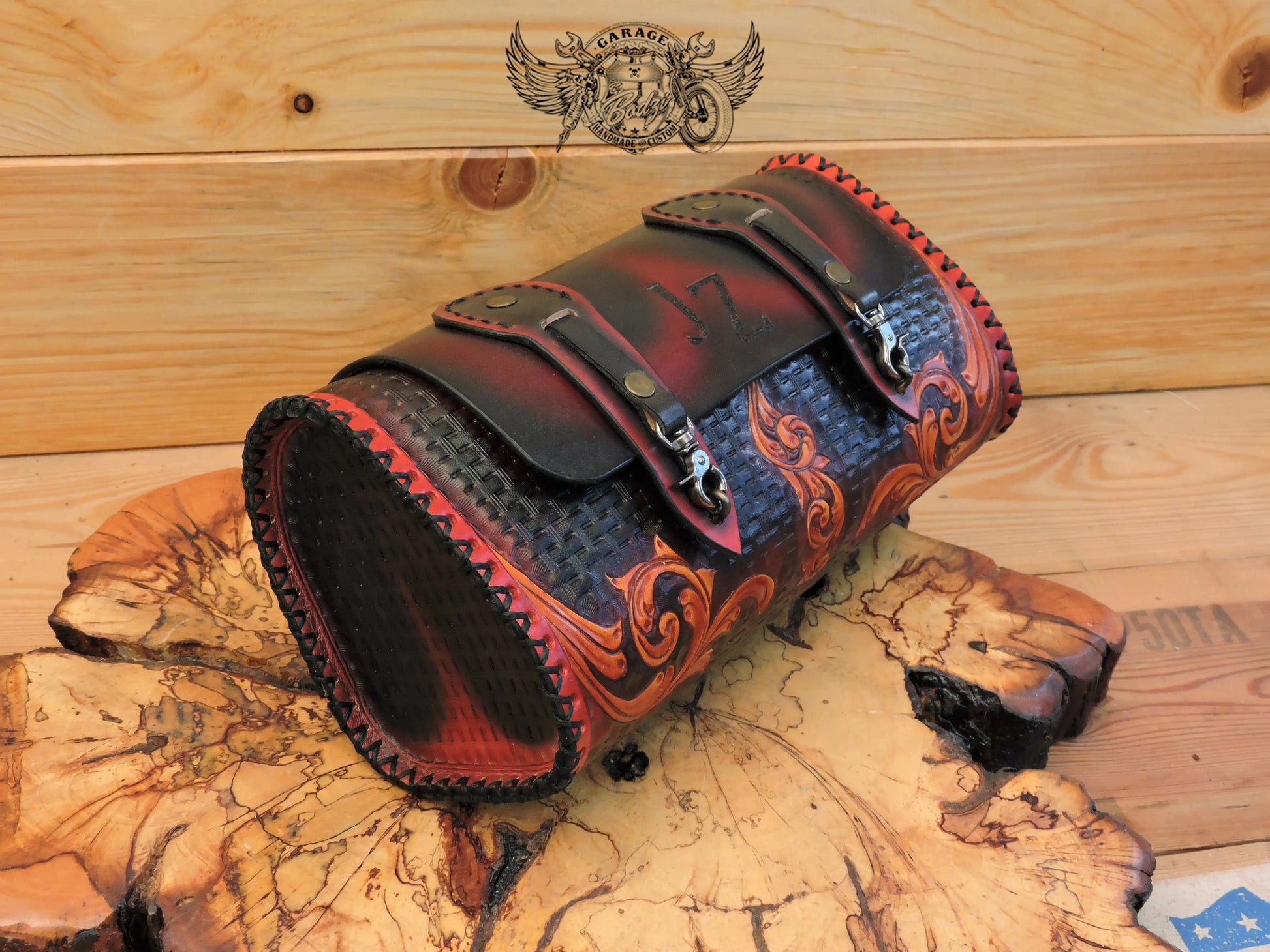 Black & Red Basketweave Leather Motorcycle Tool Bag-ByBodzi-ByBodzi