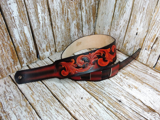 Black & Red Vinework Leather Guitar Strap-ByBodzi-ByBodzi