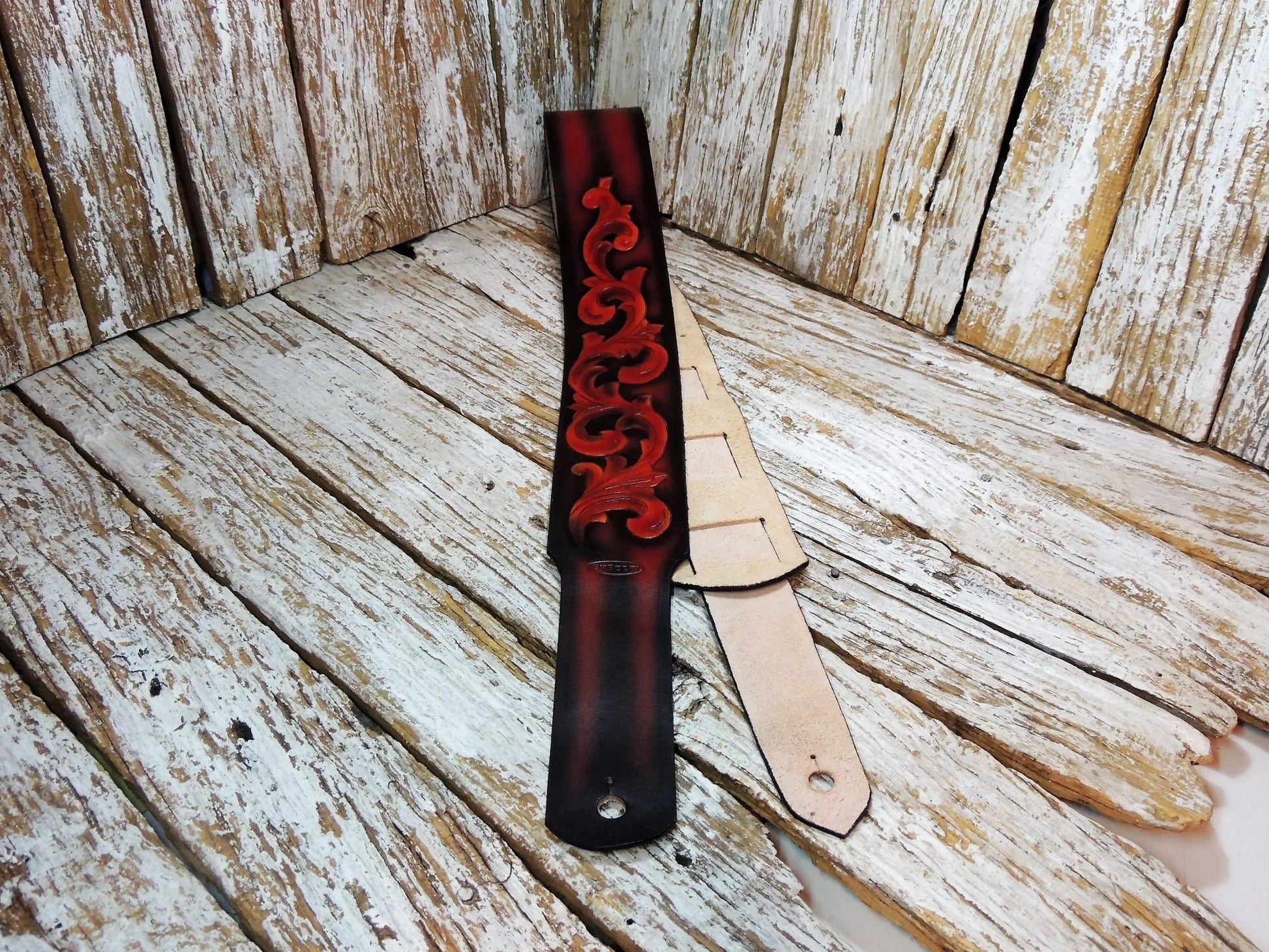 Black & Red Vinework Leather Guitar Strap-ByBodzi-ByBodzi