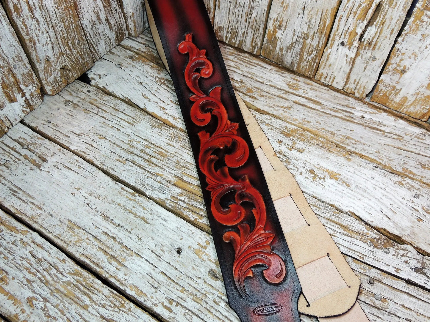 Black & Red Vinework Leather Guitar Strap-ByBodzi-ByBodzi