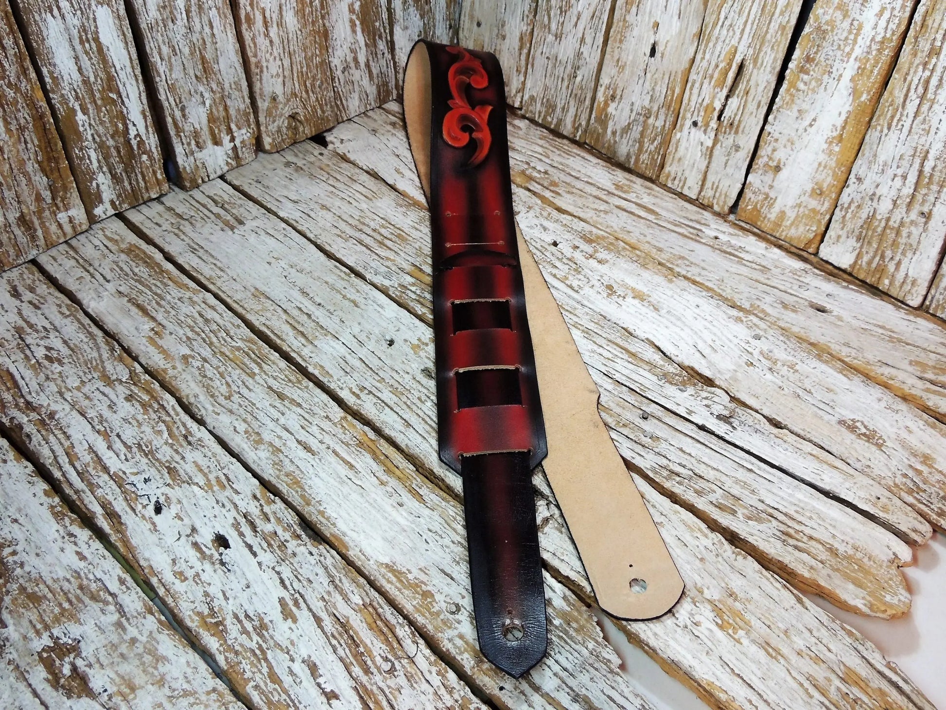Black & Red Vinework Leather Guitar Strap-ByBodzi-ByBodzi