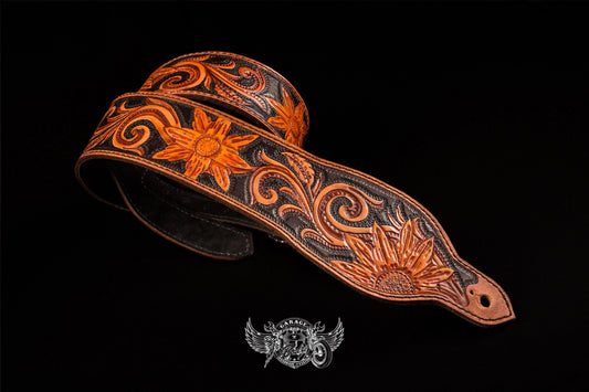 Black & Tan Sunflower Leather Guitar Strap-ByBodzi-ByBodzi
