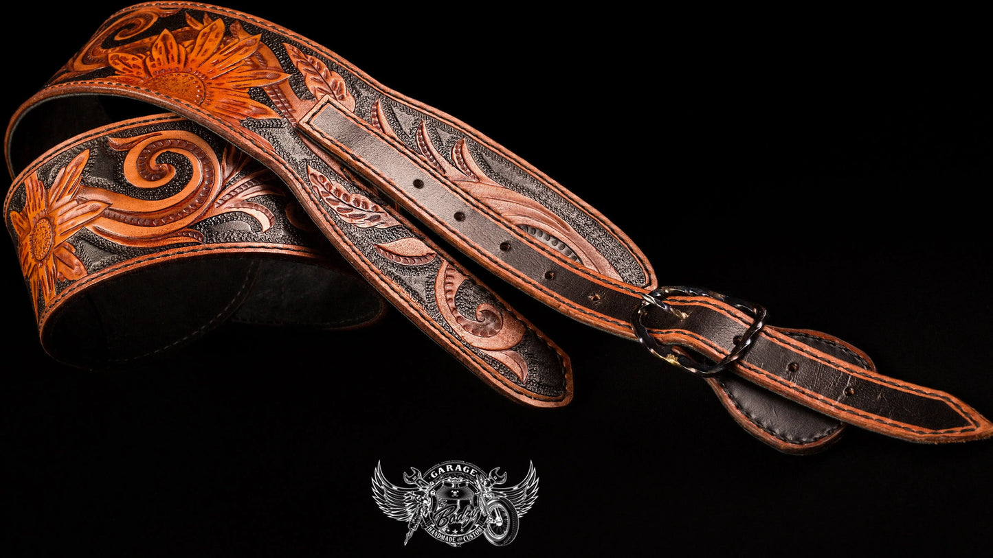 Black & Tan Sunflower Leather Guitar Strap-ByBodzi-ByBodzi