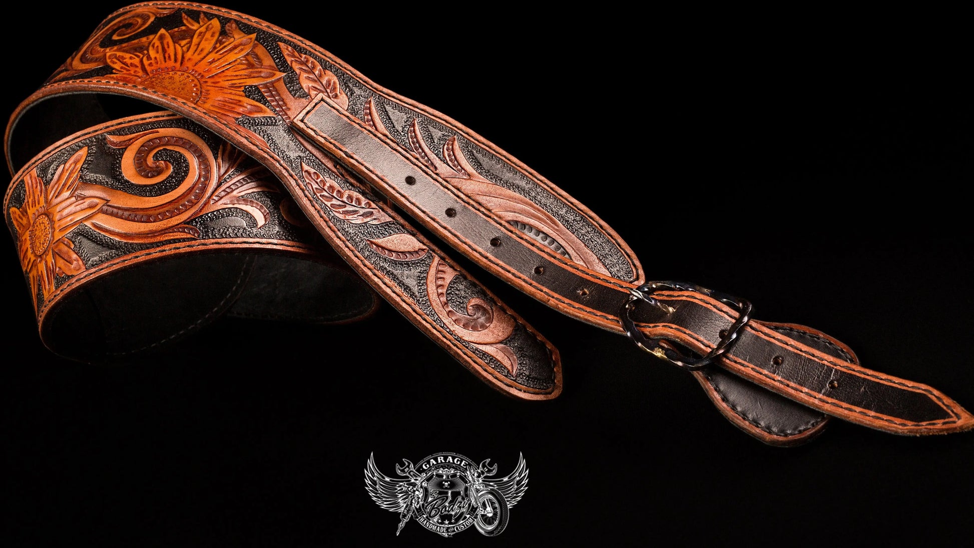 Black & Tan Sunflower Leather Guitar Strap-ByBodzi-ByBodzi