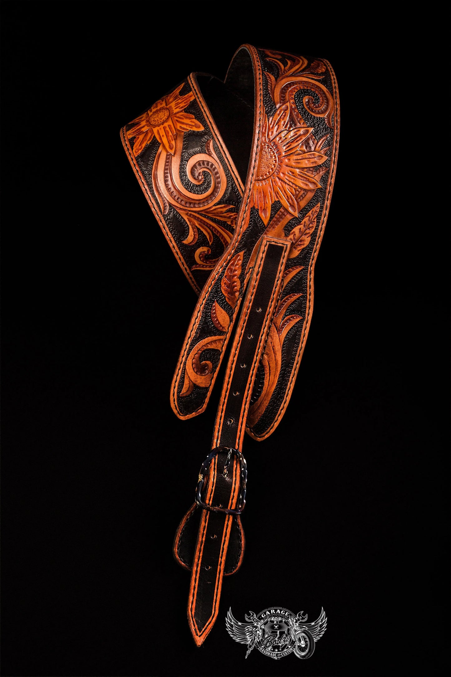 Black & Tan Sunflower Leather Guitar Strap-ByBodzi-ByBodzi