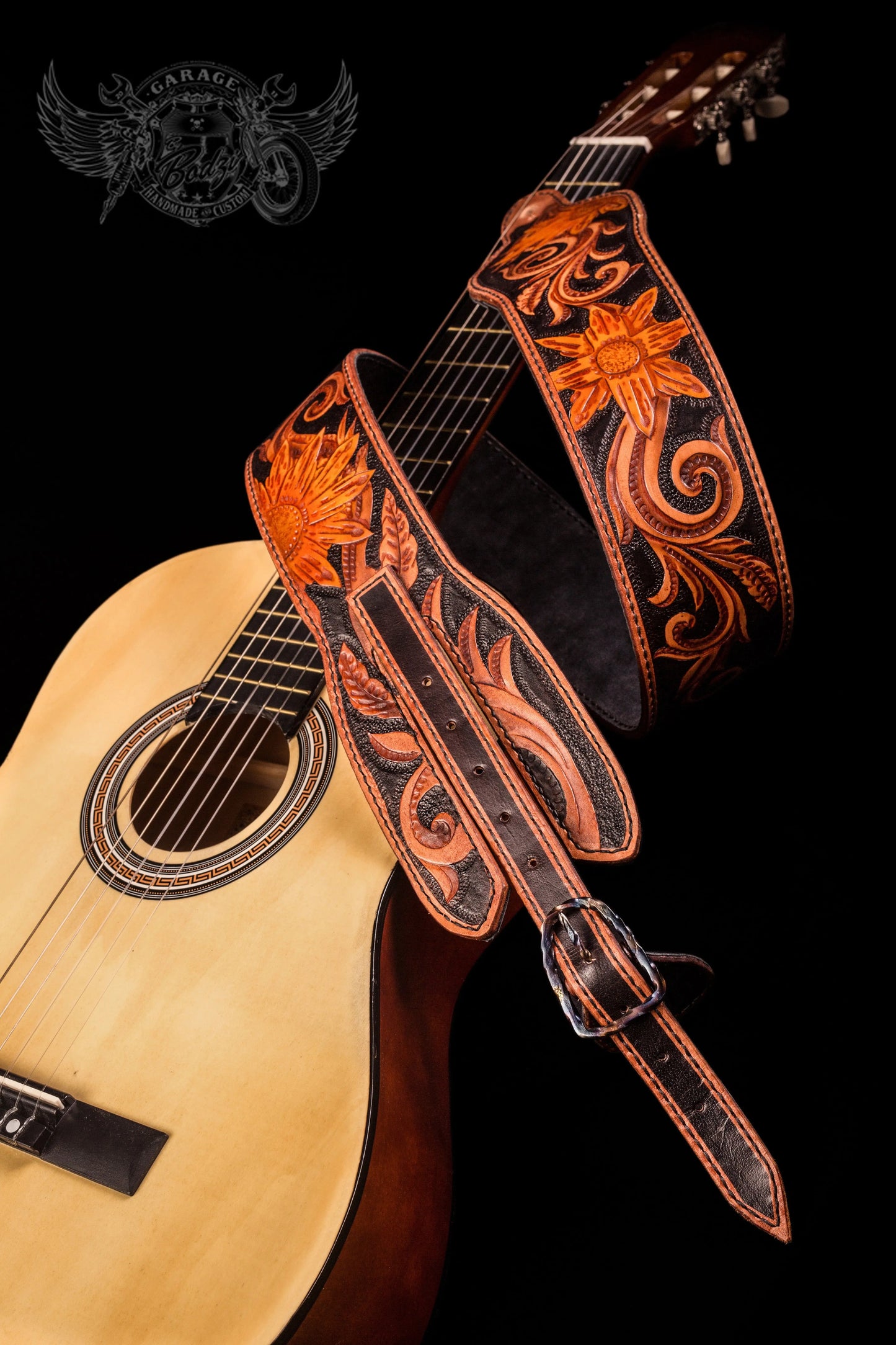 Black & Tan Sunflower Leather Guitar Strap-ByBodzi-ByBodzi