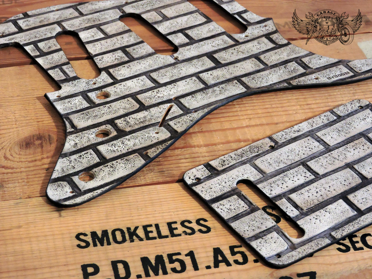 Brick Wall White Leather Stratocaster Pickguard-ByBodzi-ByBodzi