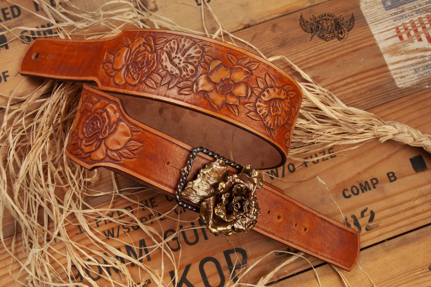 Copper Floral Leather Guitar Strap-ByBodzi-ByBodzi