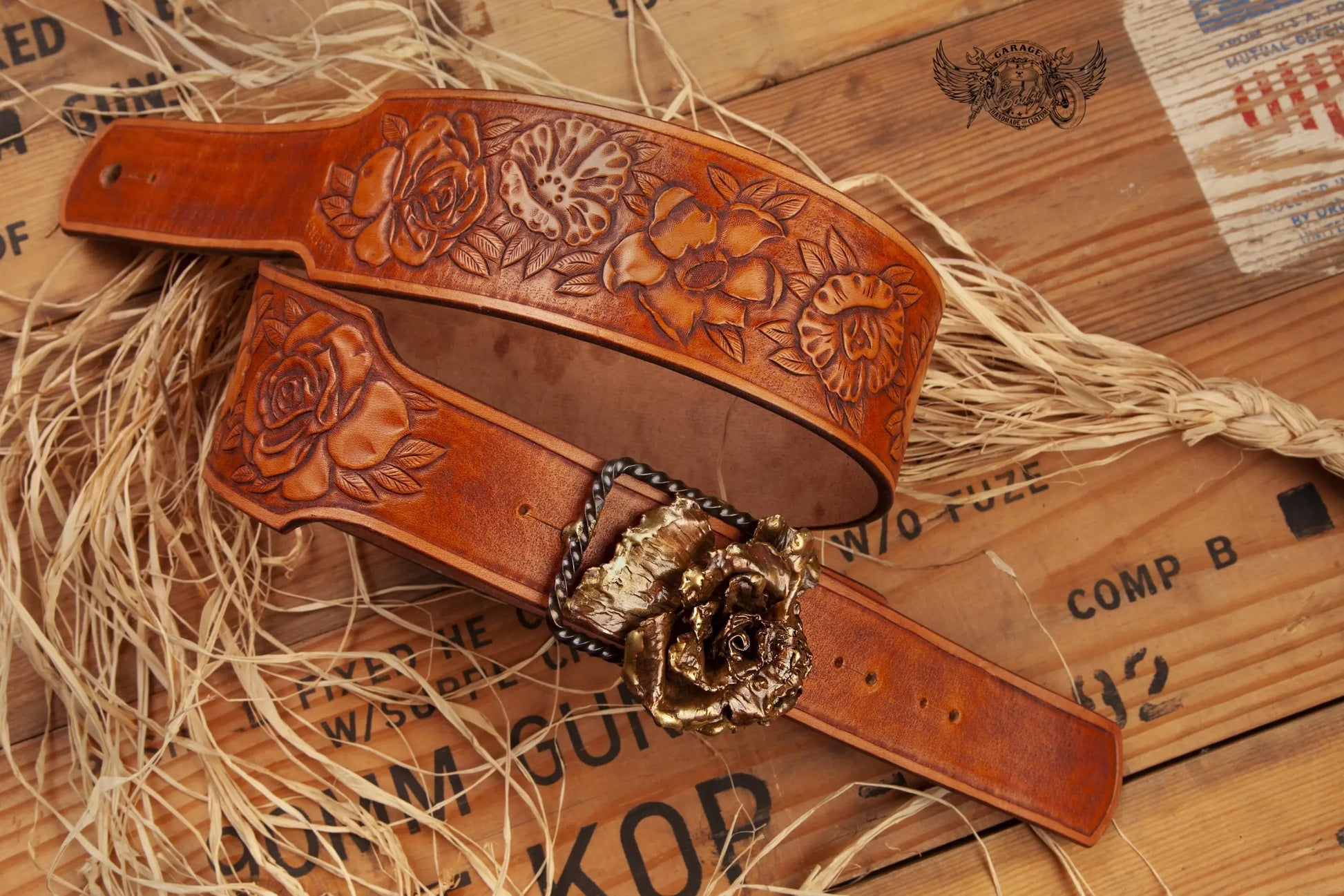 Copper Floral Leather Guitar Strap-ByBodzi-ByBodzi
