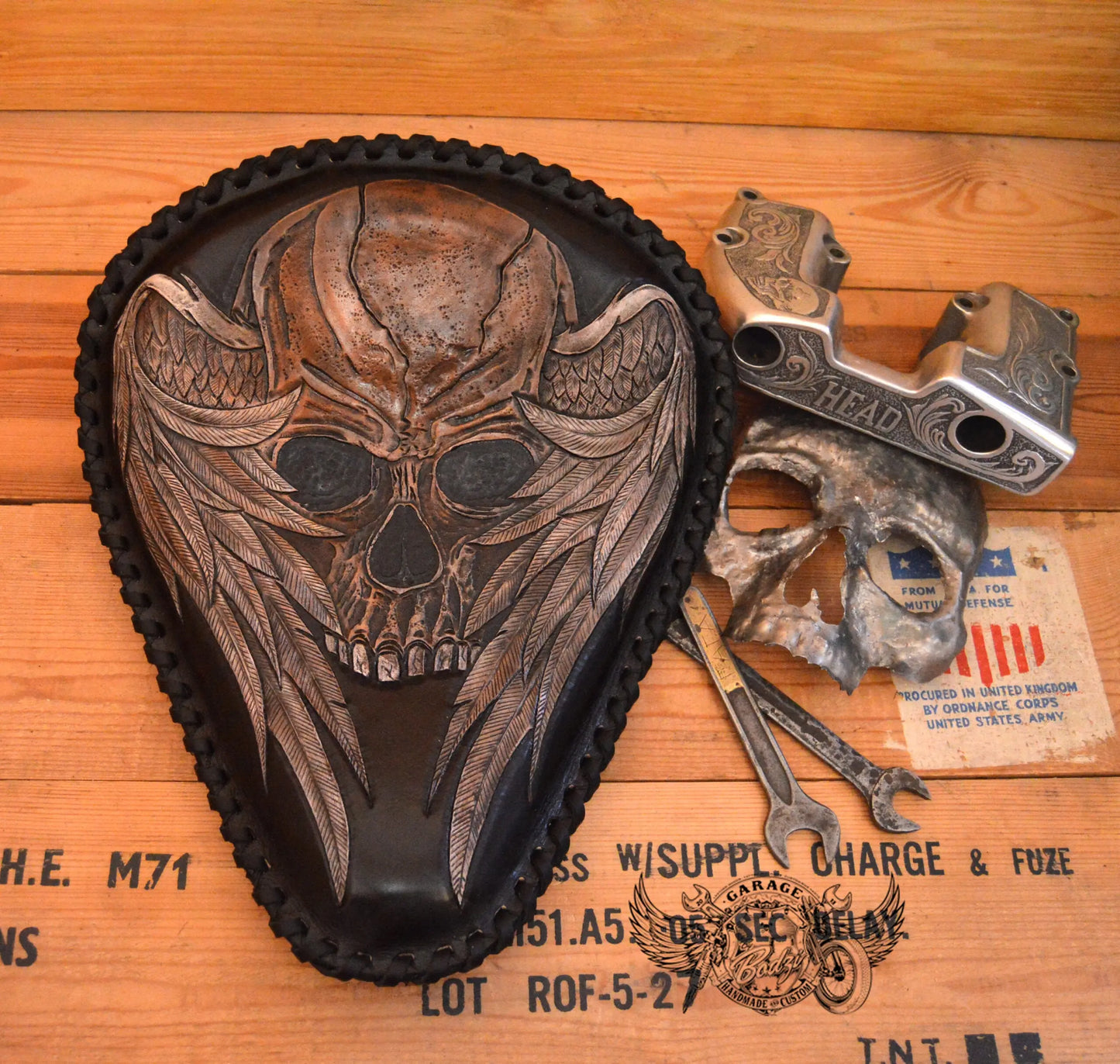 Skull With Wings Leather Motorcycle Solo Seat-ByBodzi