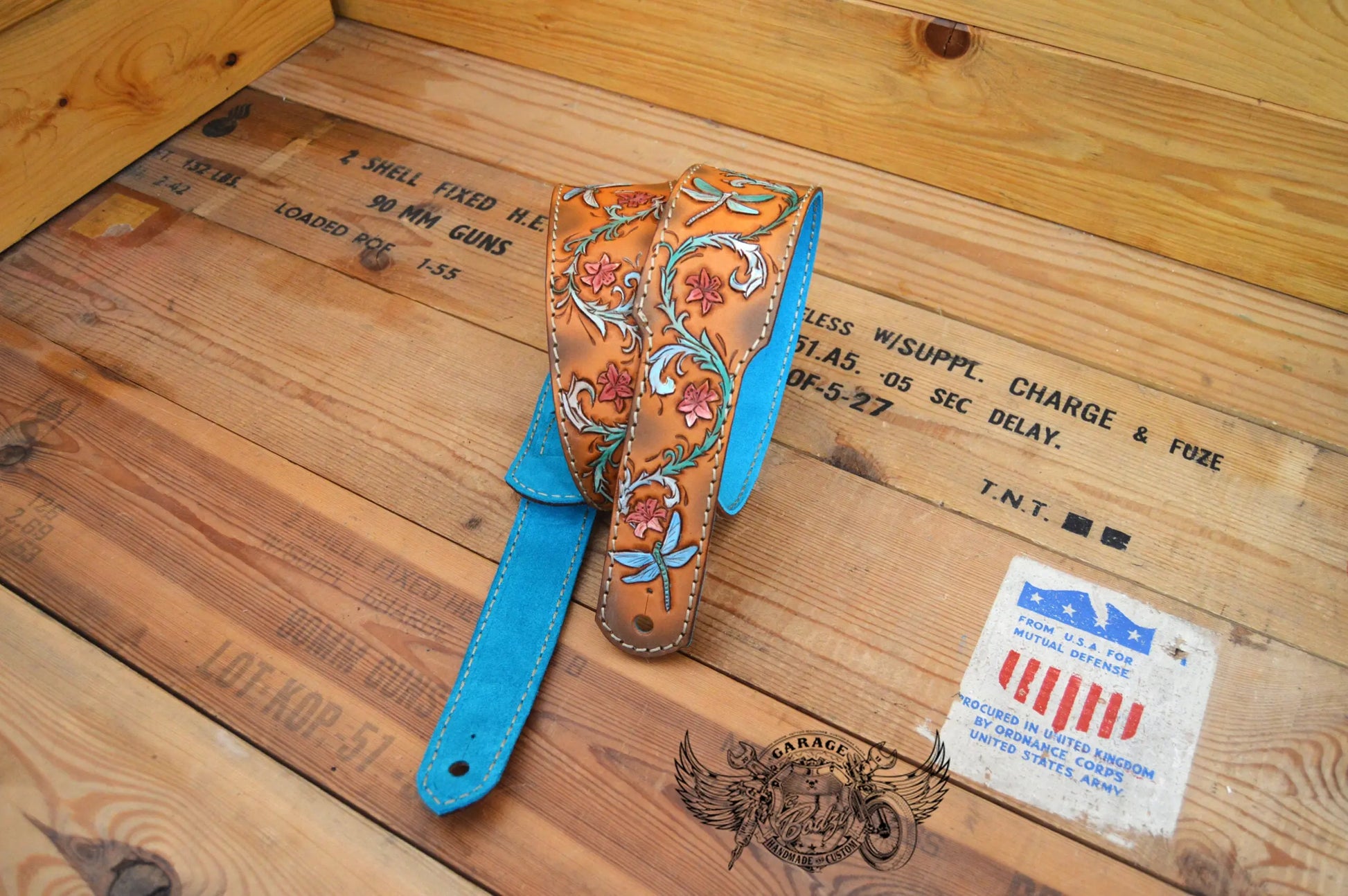 Turquoise Dragonfly Leather Guitar Strap-ByBodzi