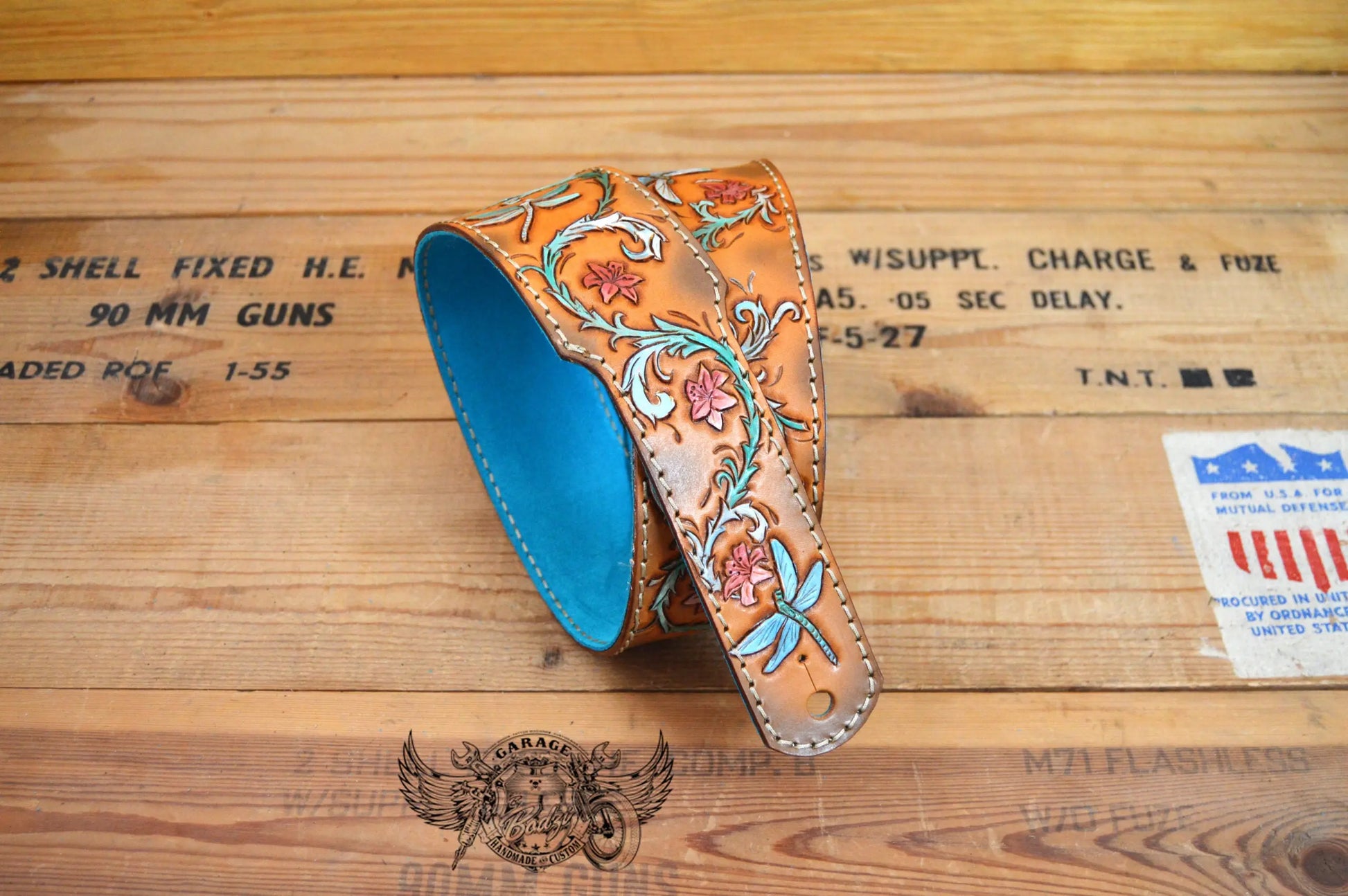 Turquoise Dragonfly Leather Guitar Strap-ByBodzi