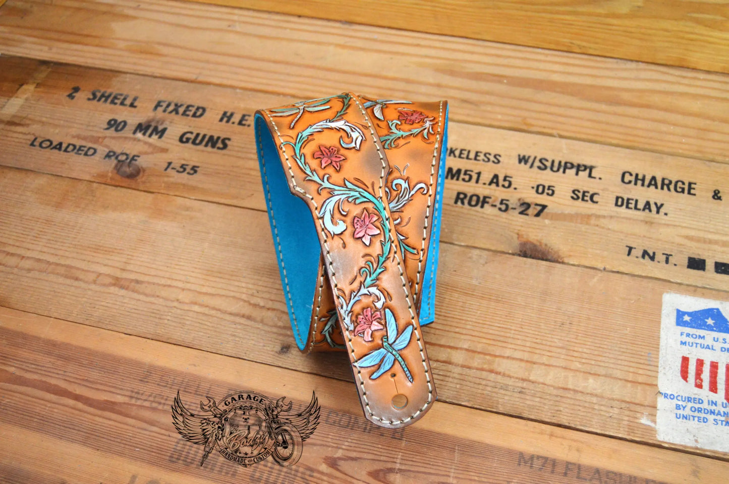 Turquoise Dragonfly Leather Guitar Strap-ByBodzi