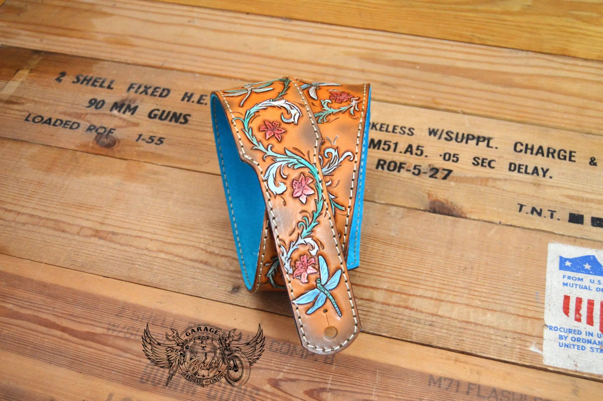 Turquoise Dragonfly Leather Guitar Strap-ByBodzi