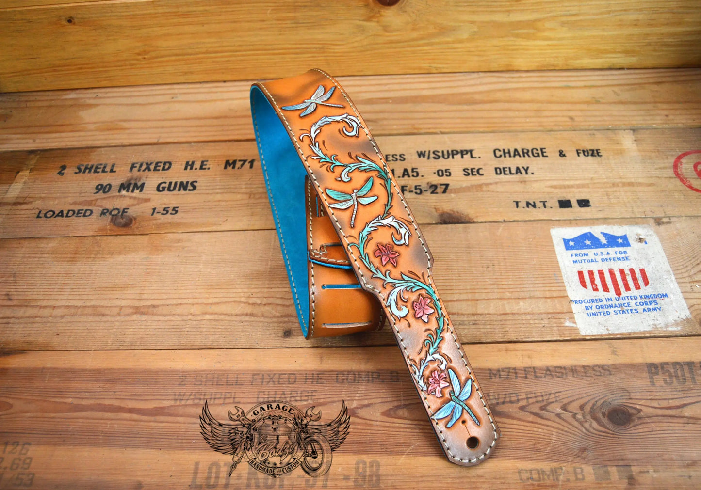Turquoise Dragonfly Leather Guitar Strap-ByBodzi