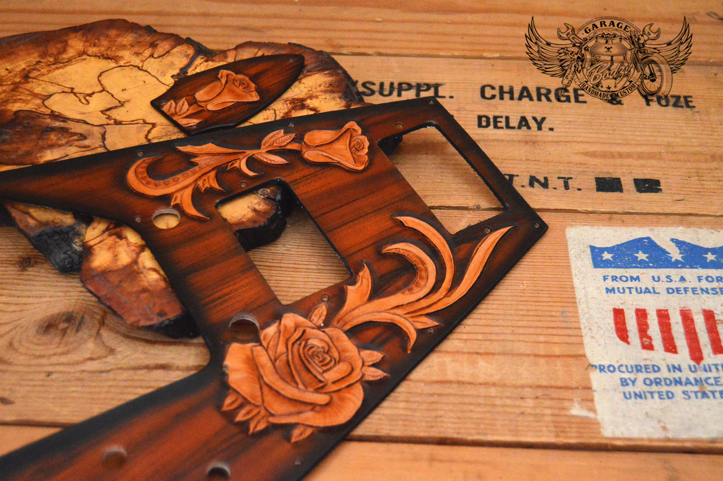 Wood Imitation With Roses Leather Gibson Flying V Pickguard