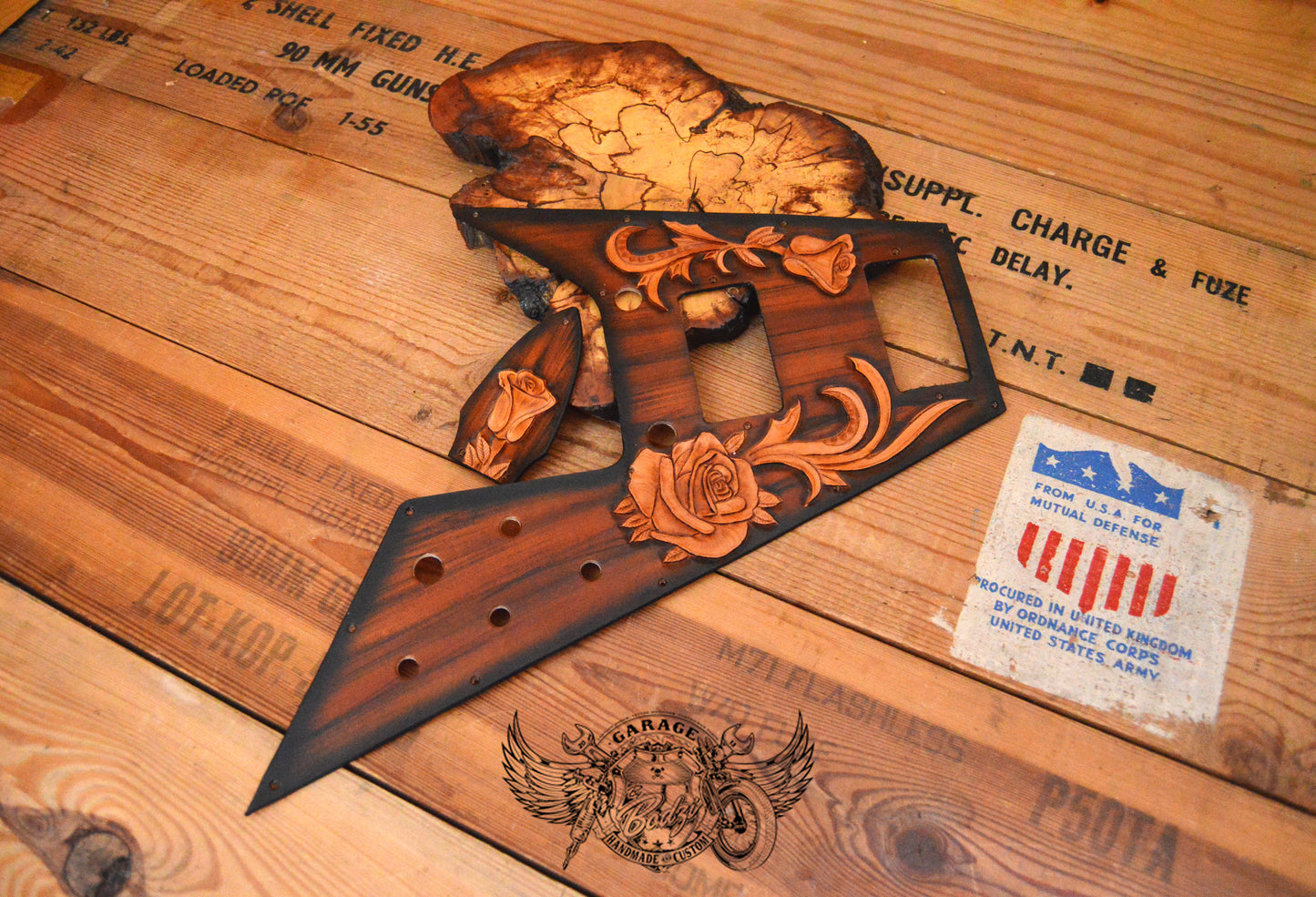 Wood Imitation With Roses Leather Gibson Flying V Pickguard