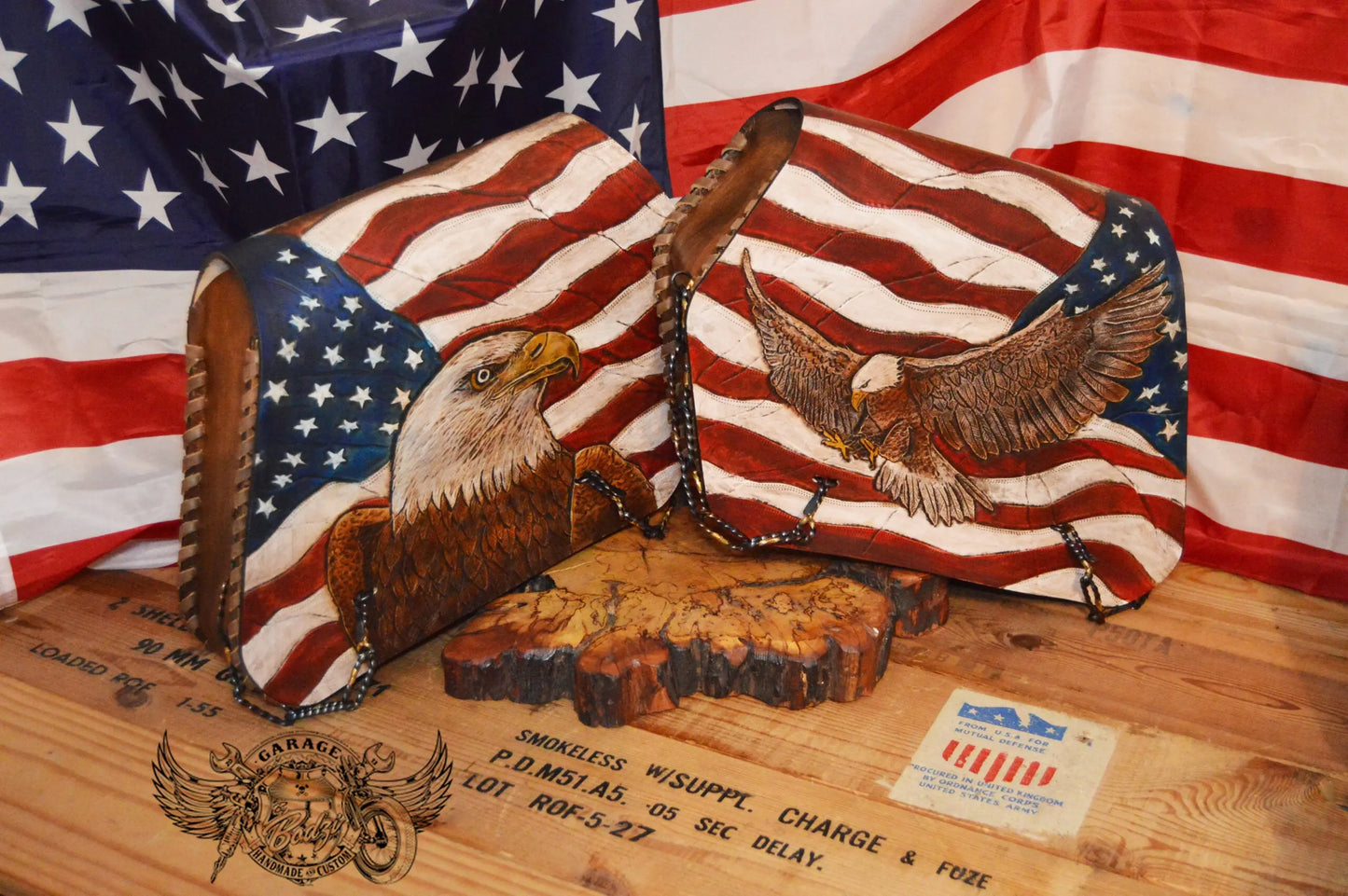 US Flag & Eagle Leather Motorcycle Saddlebags-ByBodzi