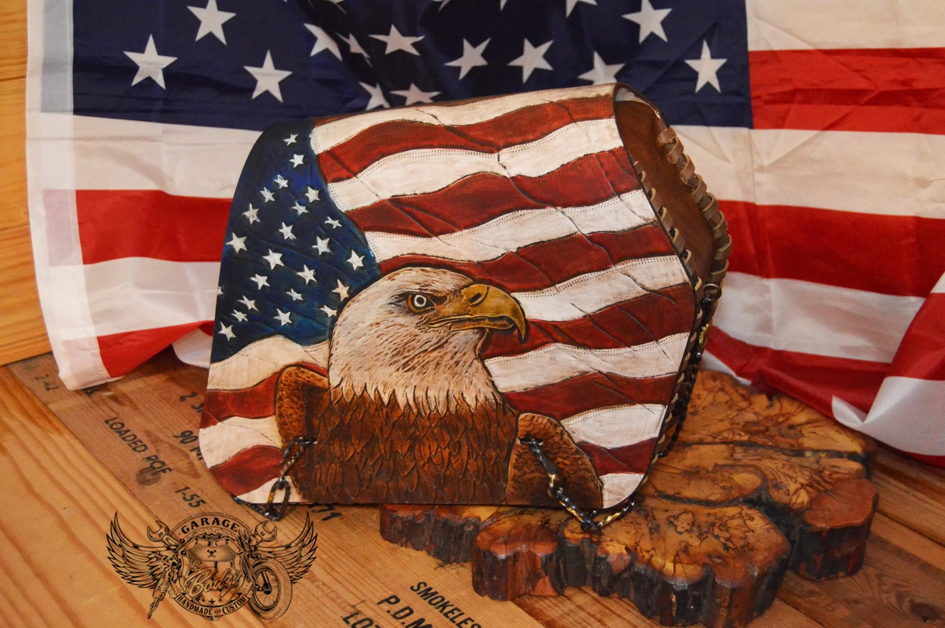 US Flag & Eagle Leather Motorcycle Saddlebags-ByBodzi