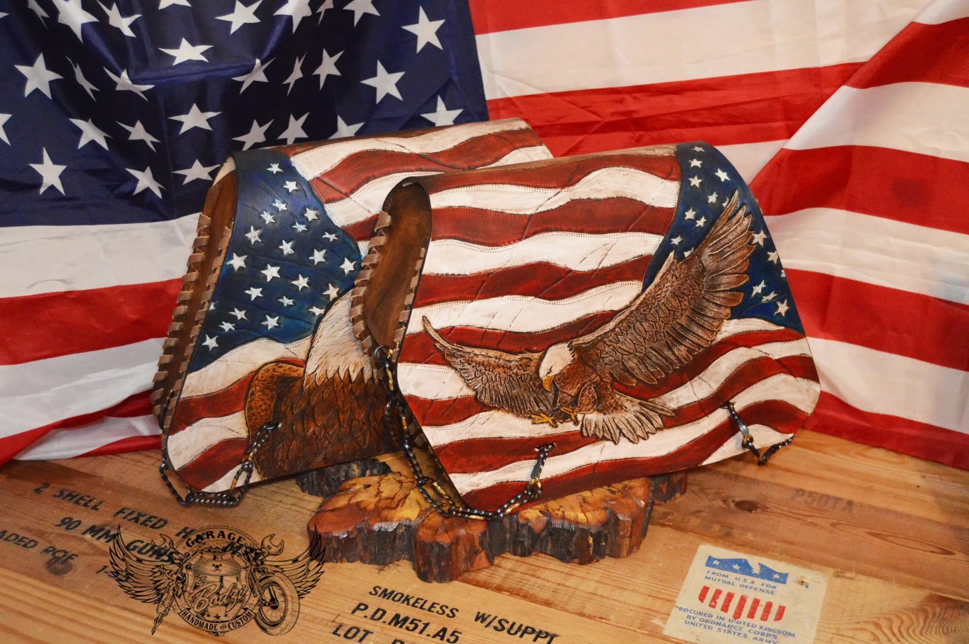US Flag & Eagle Leather Motorcycle Saddlebags-ByBodzi