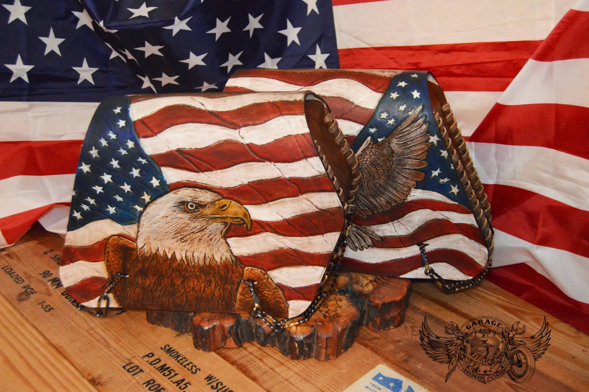 US Flag & Eagle Leather Motorcycle Saddlebags-ByBodzi