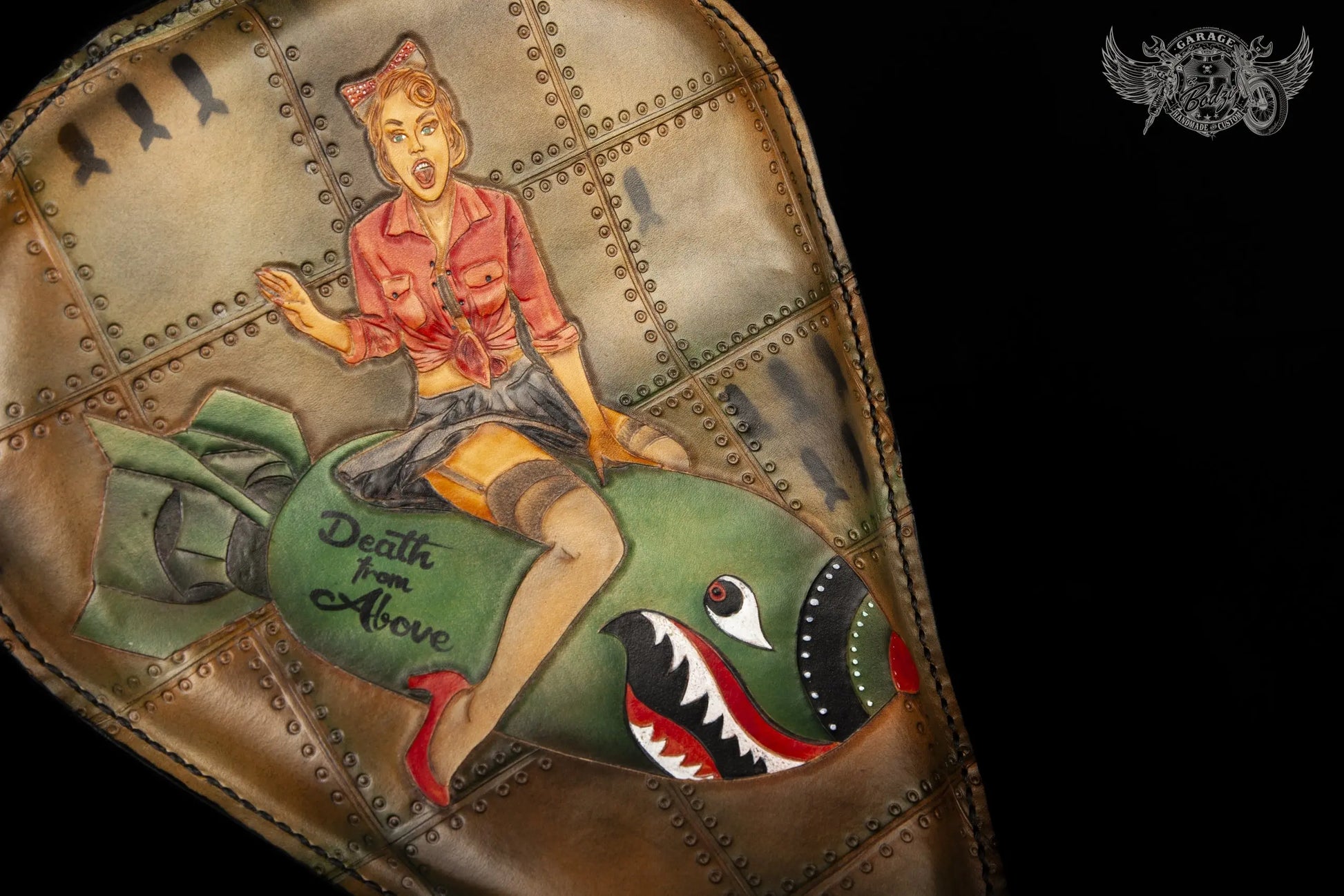 Death From Above Pin-Up Leather Motorcycle Solo Seat-ByBodzi