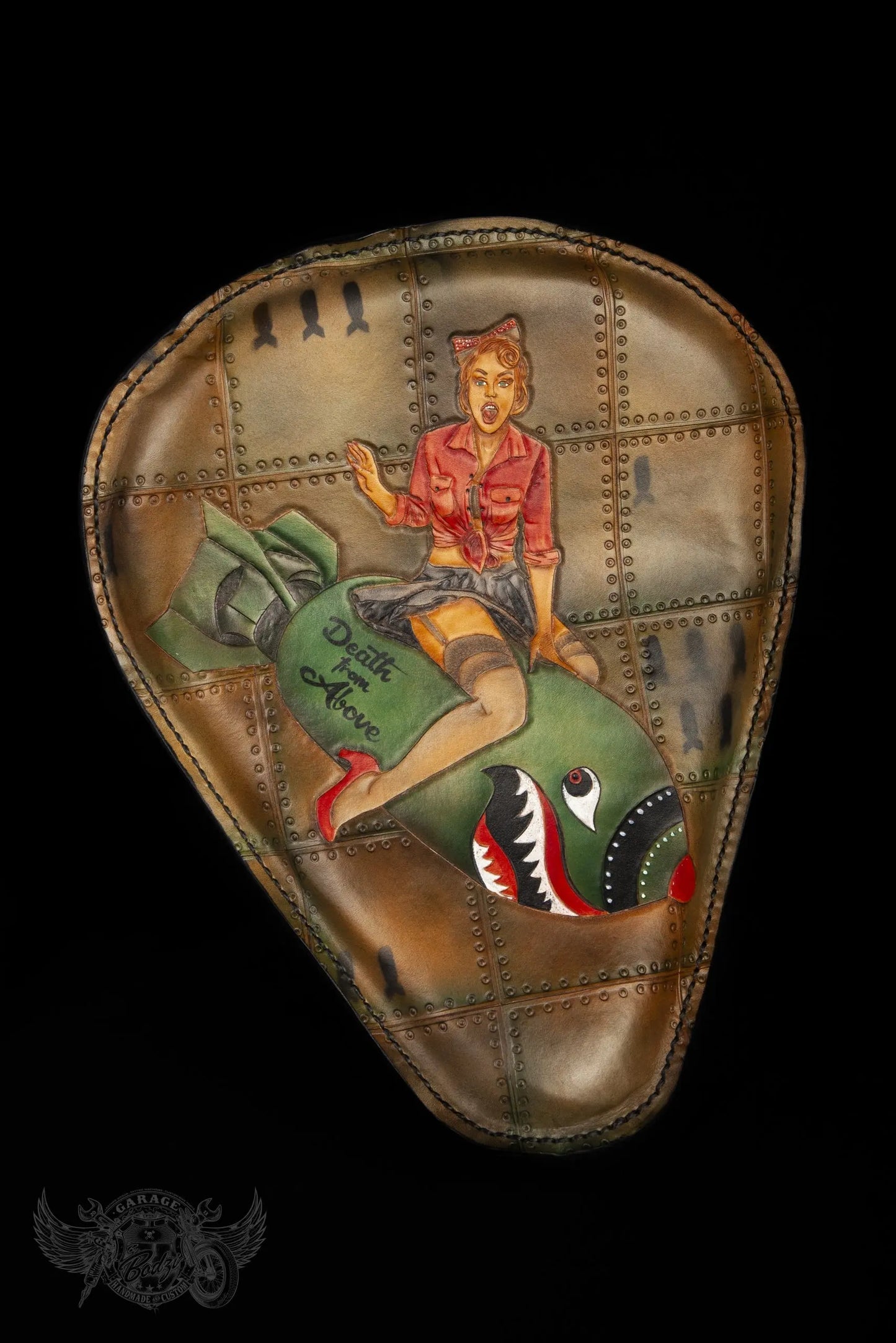 Death From Above Pin-Up Leather Motorcycle Solo Seat-ByBodzi