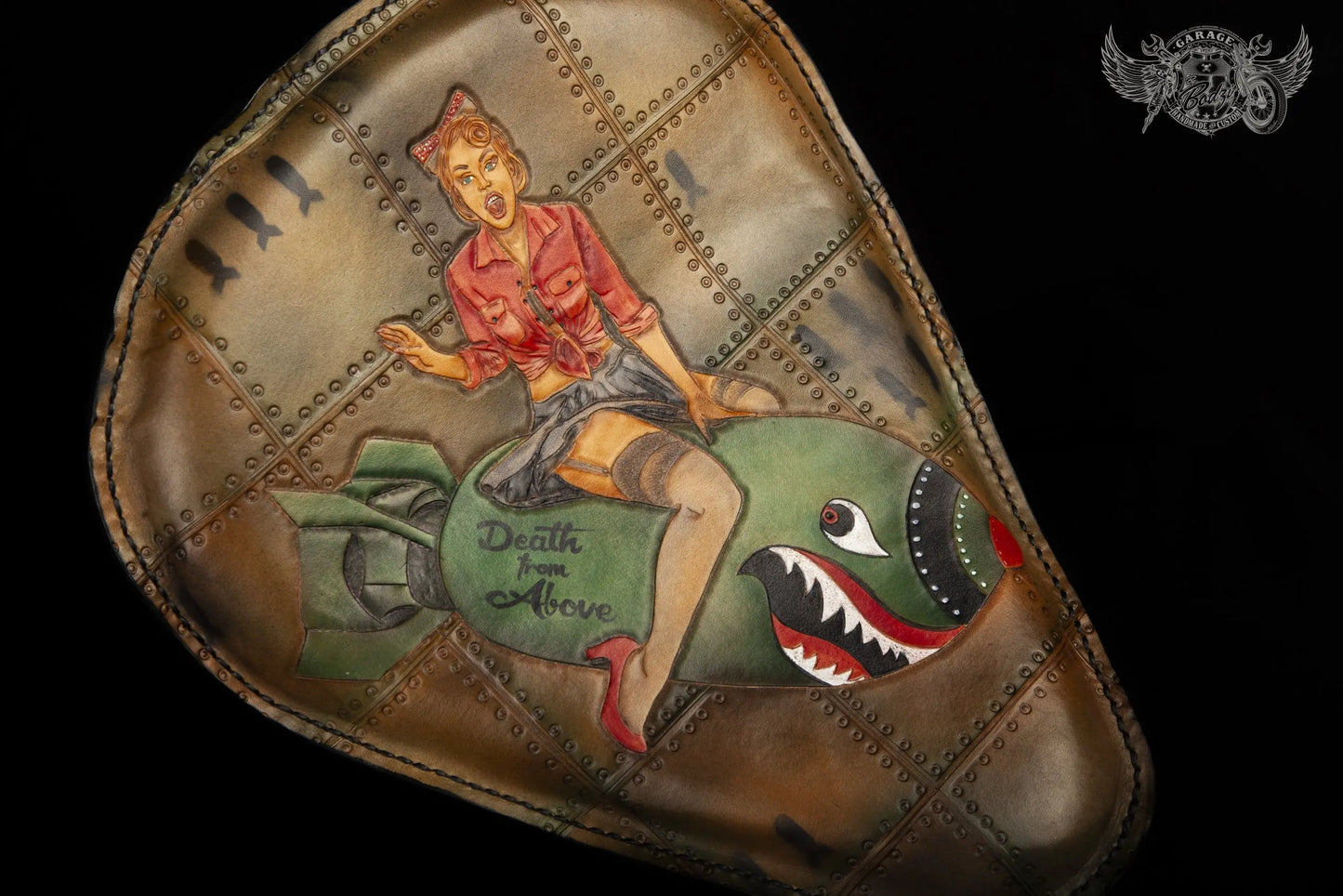 Death From Above Pin-Up Leather Motorcycle Solo Seat-ByBodzi