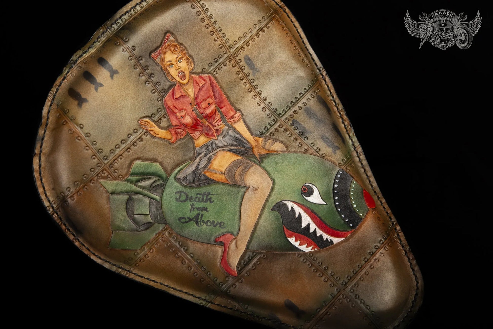 Death From Above Pin-Up Leather Motorcycle Solo Seat-ByBodzi