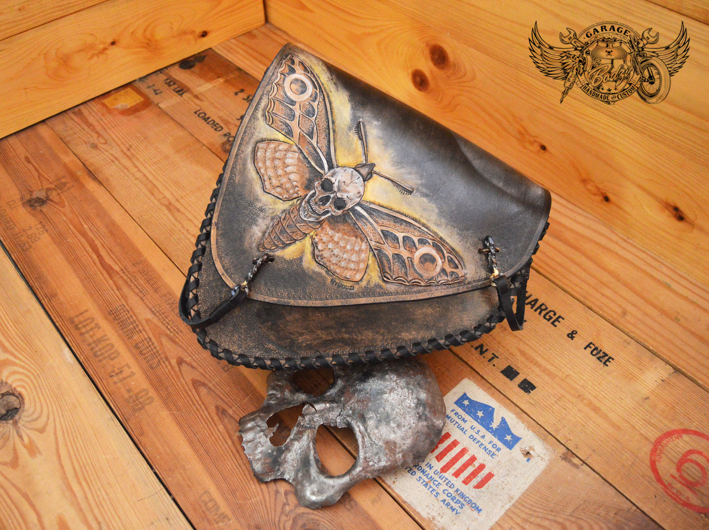 Death Moth Carved Leather Swingarm Bag