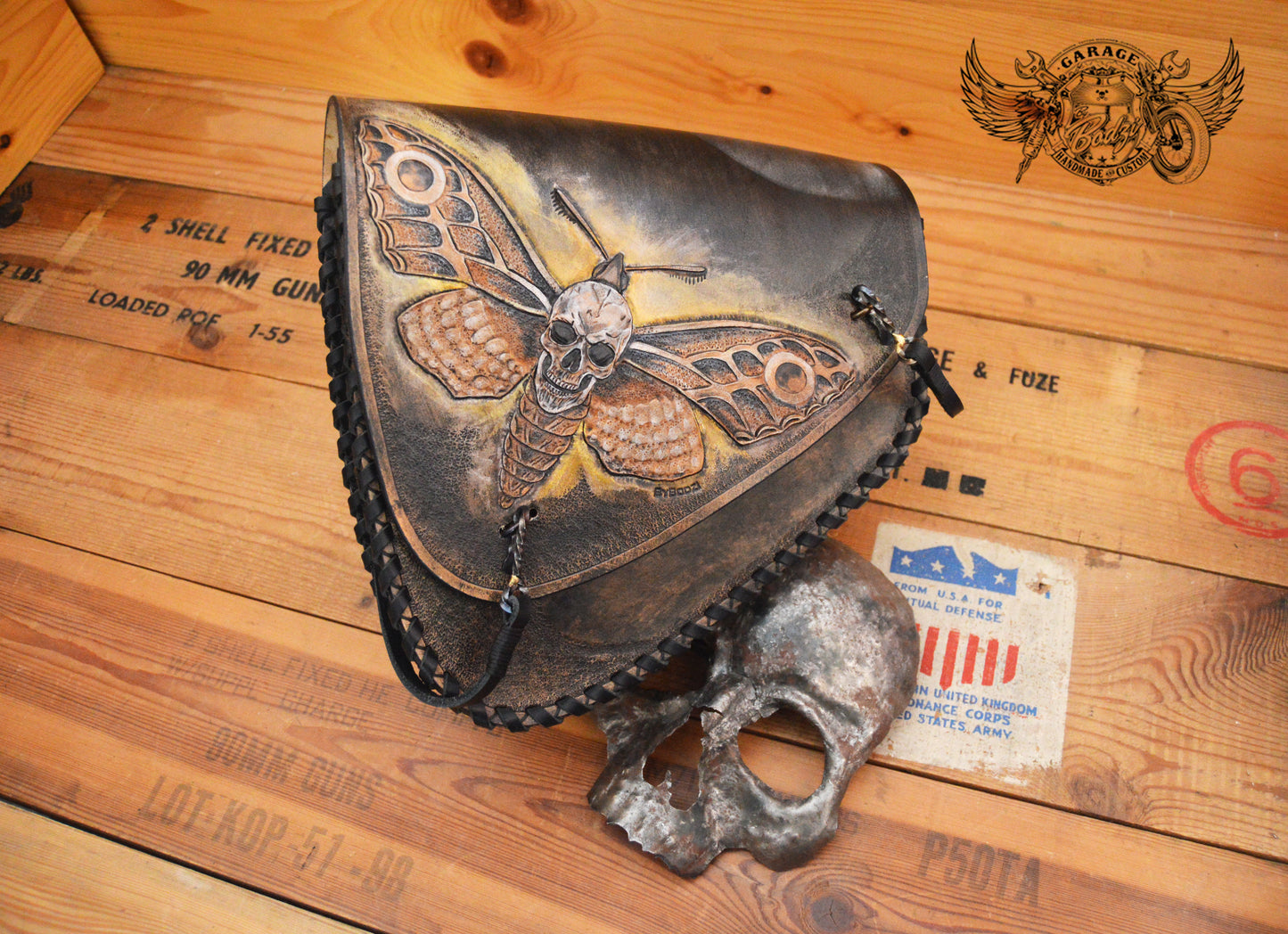 Death Moth Carved Leather Swingarm Bag