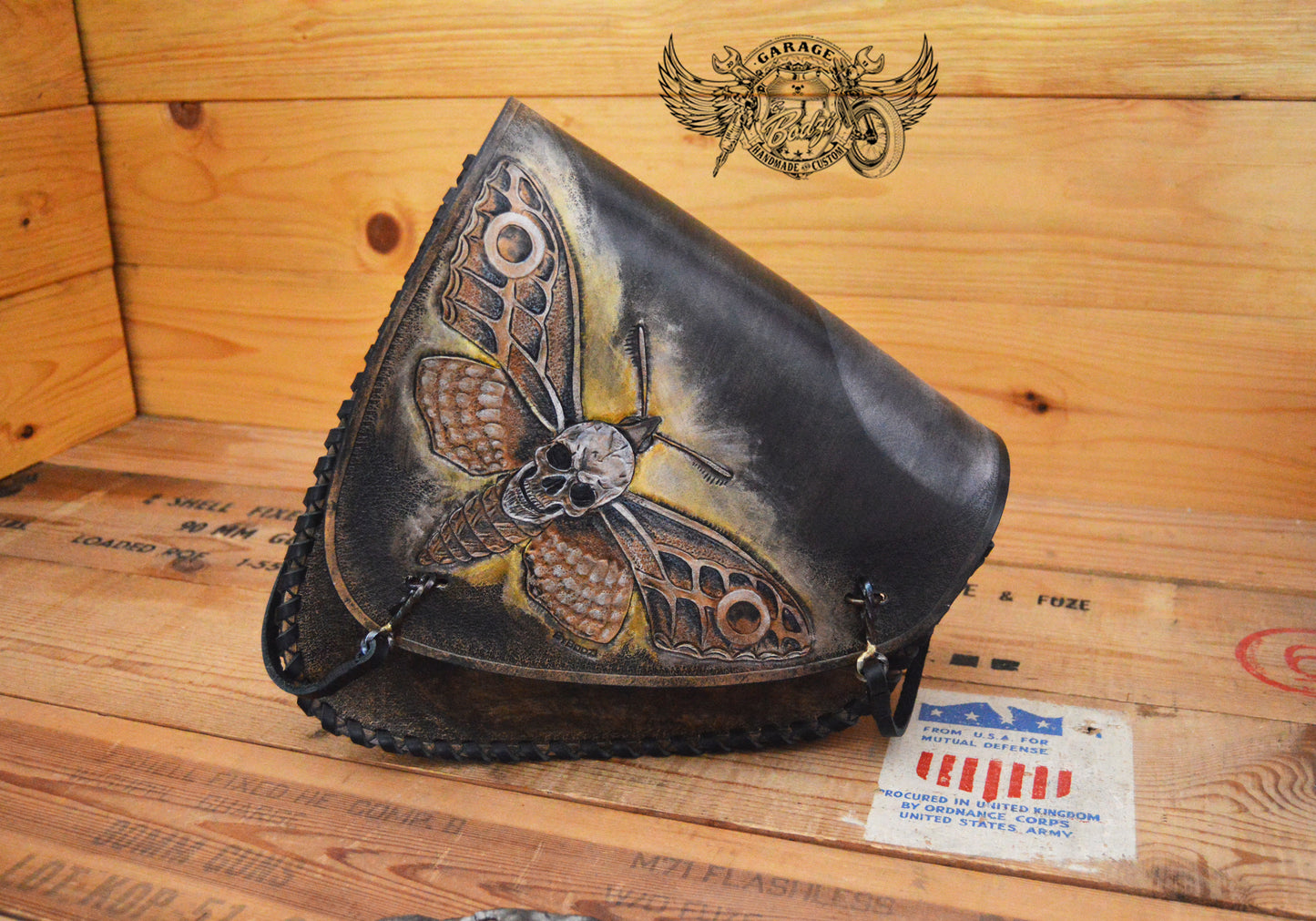 Death Moth Carved Leather Swingarm Bag