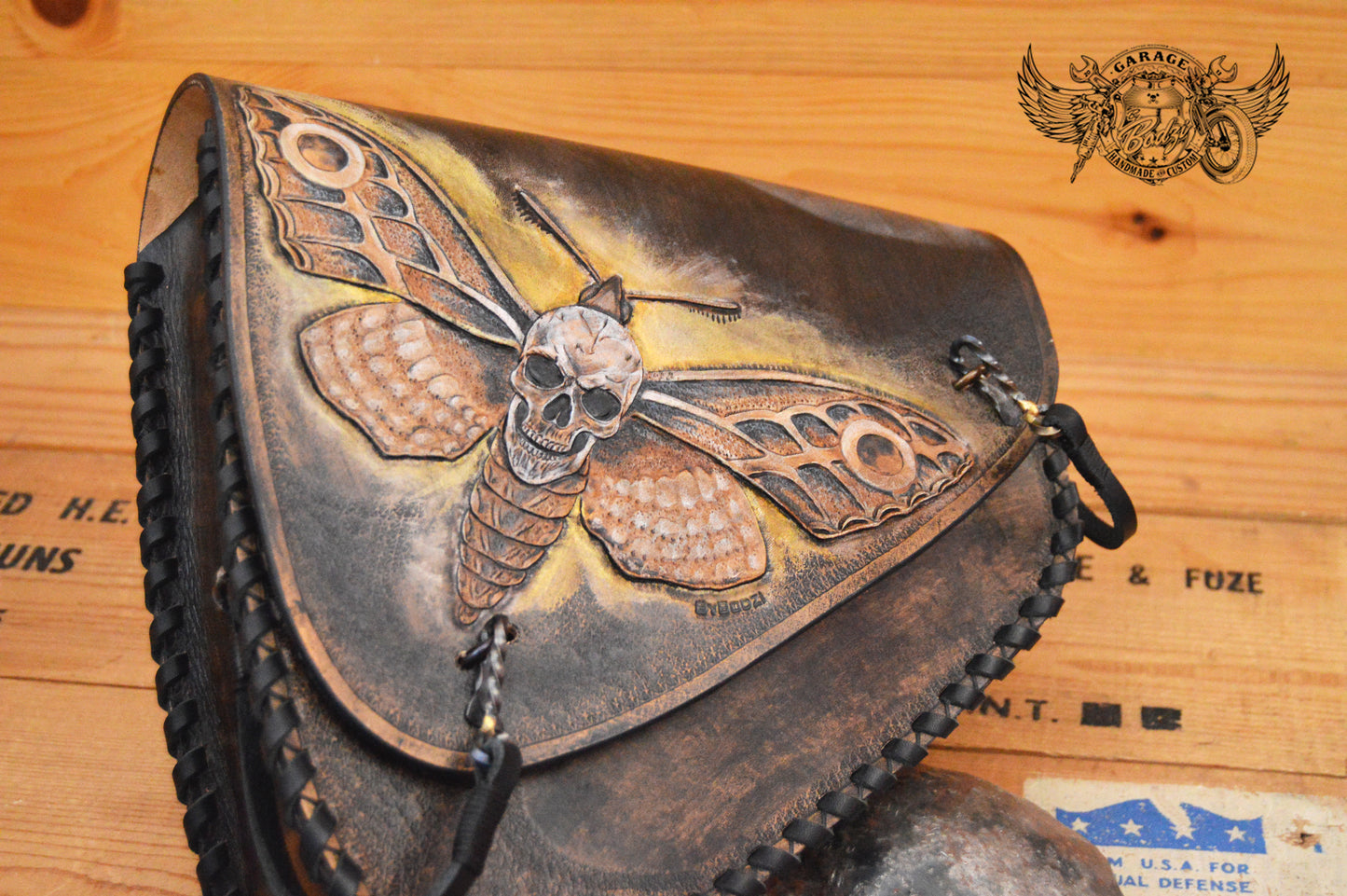 Death Moth Carved Leather Swingarm Bag