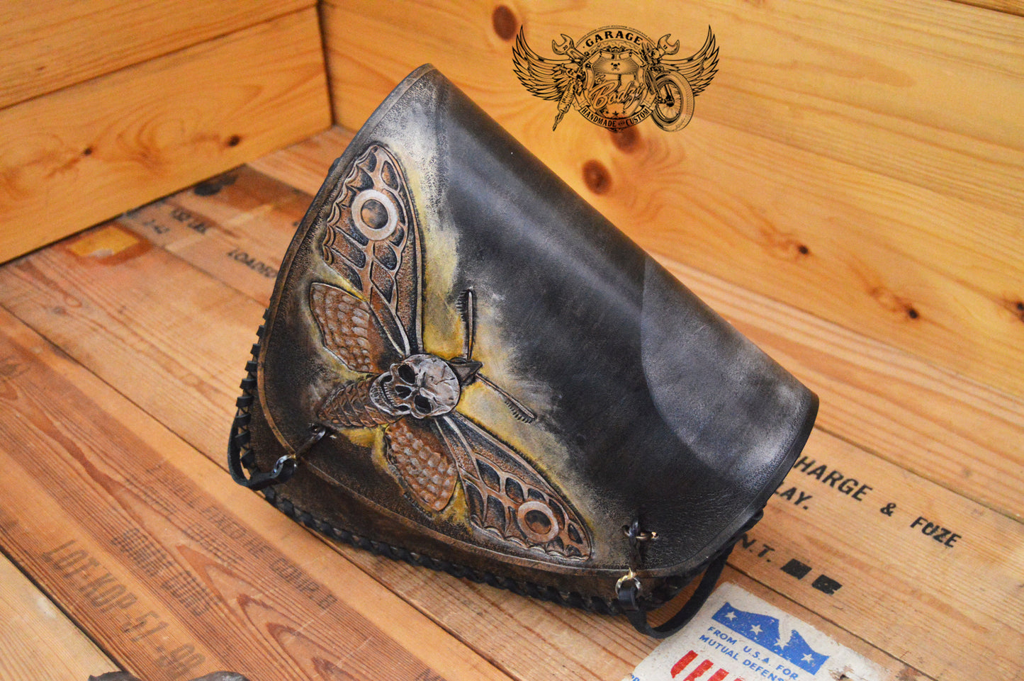 Death Moth Carved Leather Swingarm Bag