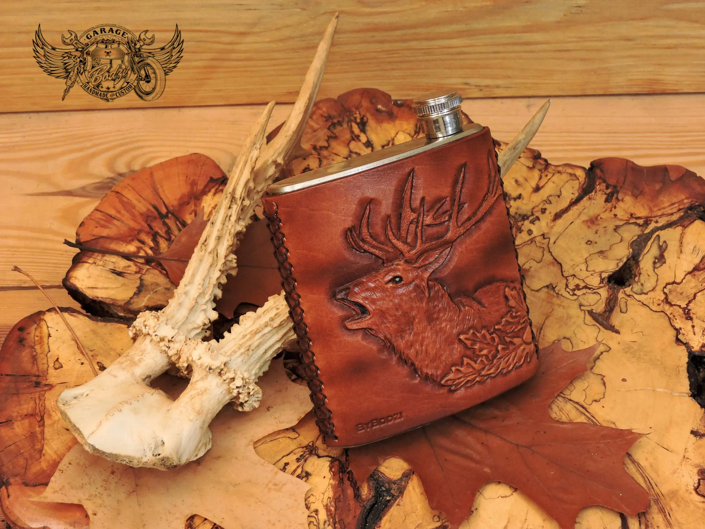 Deer & Hunting Horn Leather Bound Flask-ByBodzi