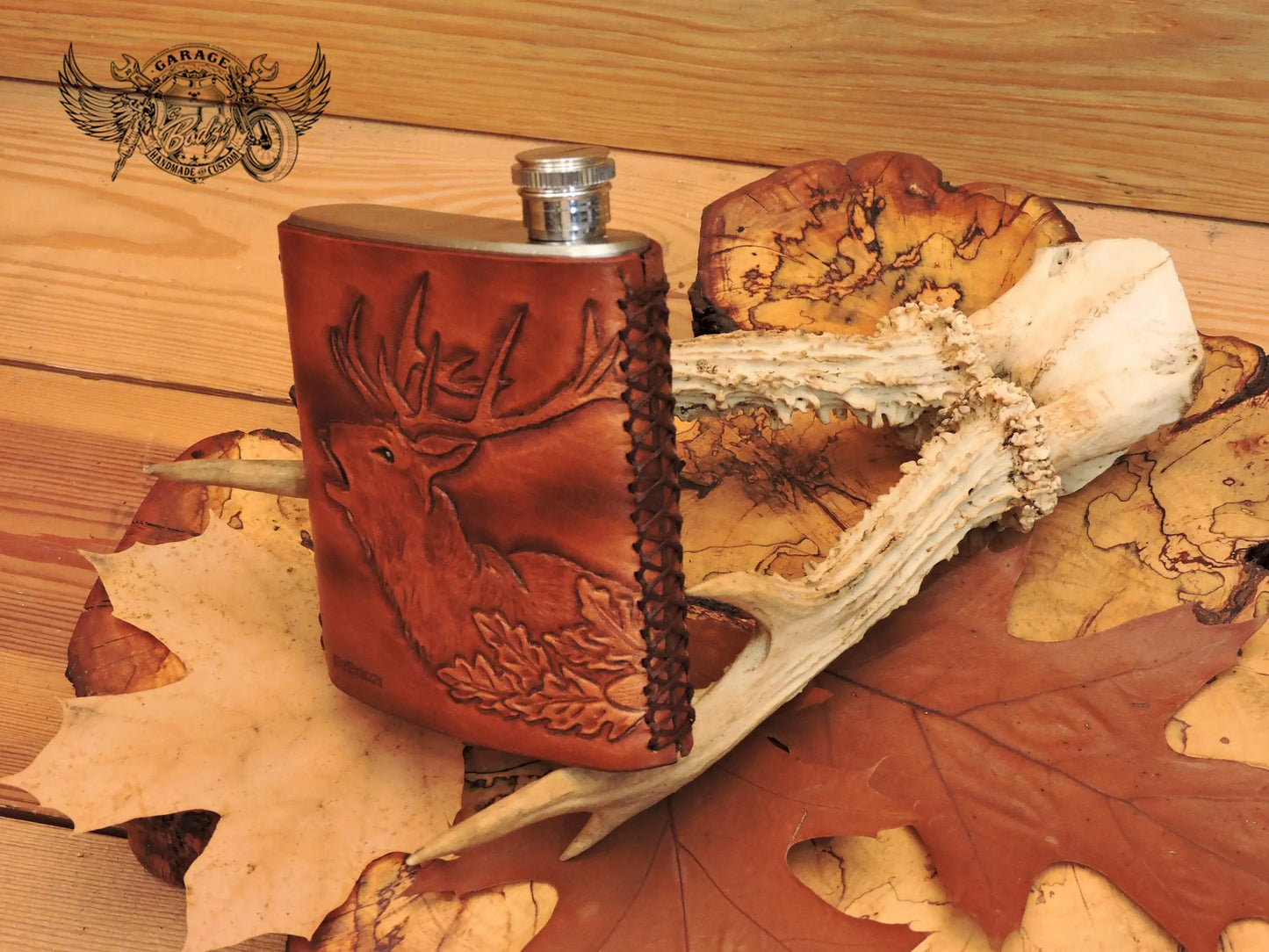 Deer & Hunting Horn Leather Bound Flask-ByBodzi